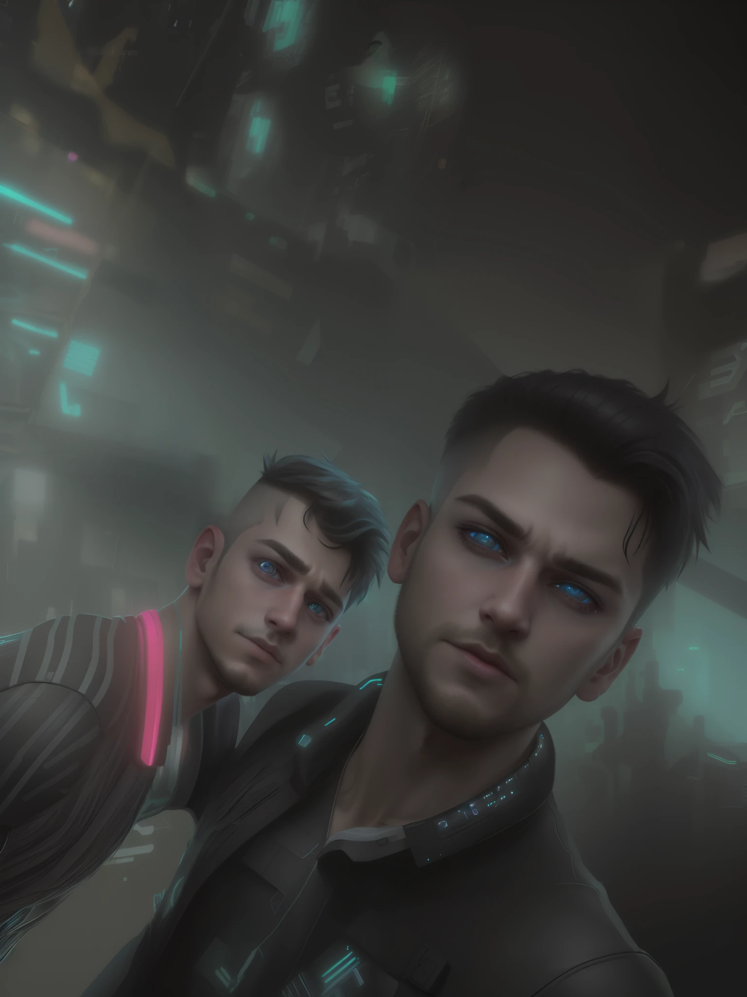 jpg, toddler, cyberpunk, neon, 8k, --v 4 Change background cyberpunk handsome boy, realistic face, 8k, ultra realistic 2 friends boy
