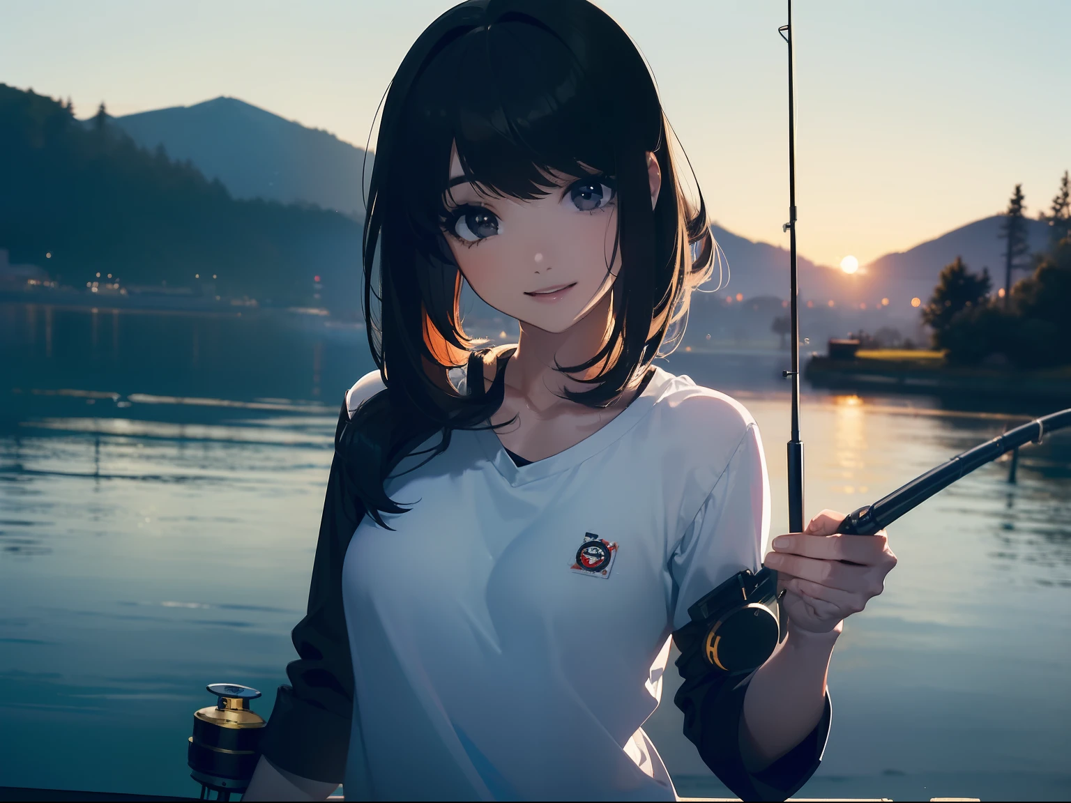 (((have a fishing rod with a reel))) (((stand by the lakeside:1.1))),((Best quality, Masterpiece :1.3)),(1 japanese mature female),black hair, longeyelashes, solid circle eyes, light smile, drop shadow, atmospheric perspective, 8k, super detail, ccurate, best quality, small breasts,black jacket, Black T-shirt ,navy blue jeans,