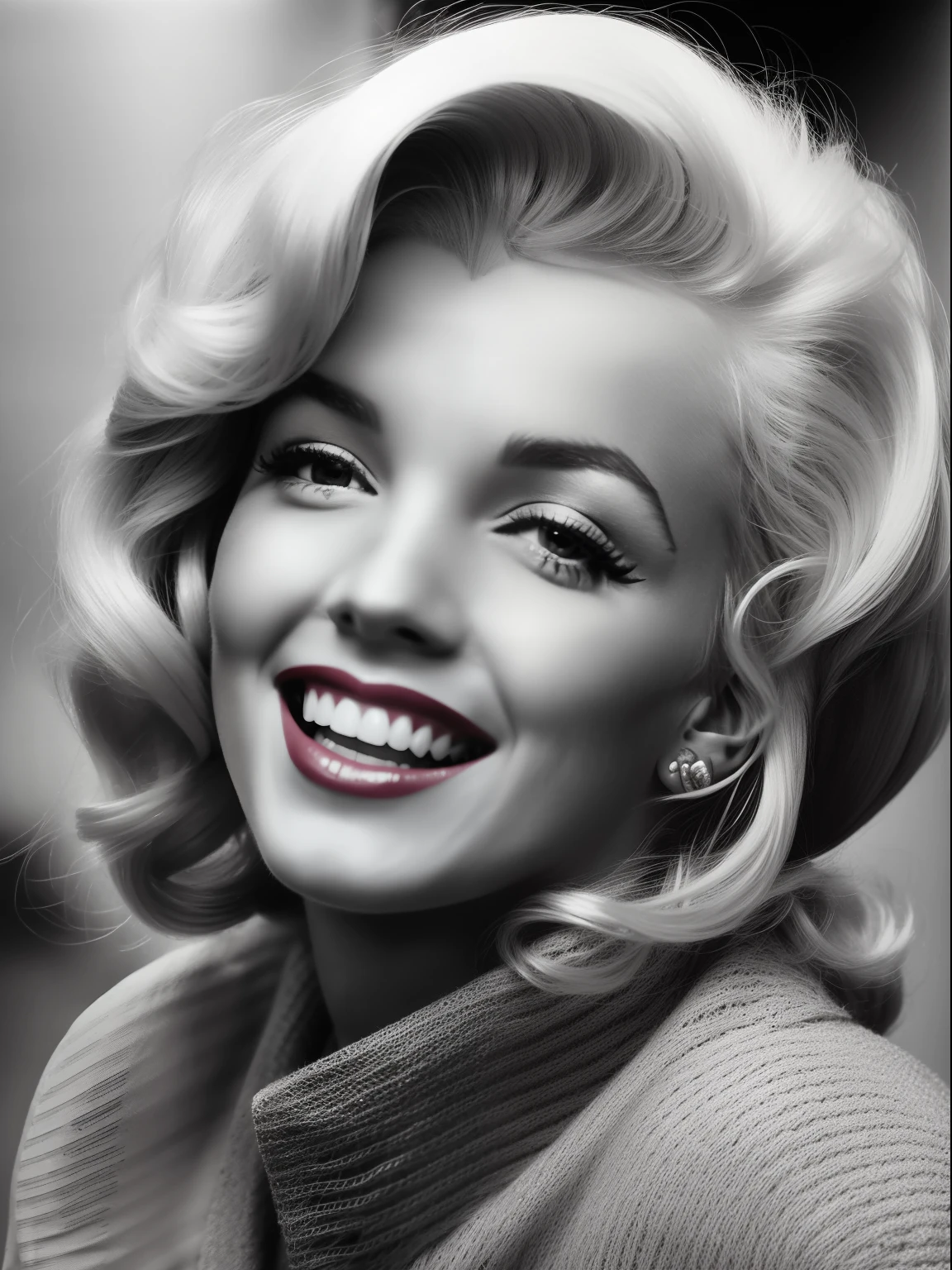 A very accurate photo portrait of Marylin Monroe, black and white, as close to original fashion photos, Hollywood styled, smiling, late 40s, ultra detailed, photo book, henri cartier bresson, dramatic light, zeiss camera, professional photo shoot, 8k.