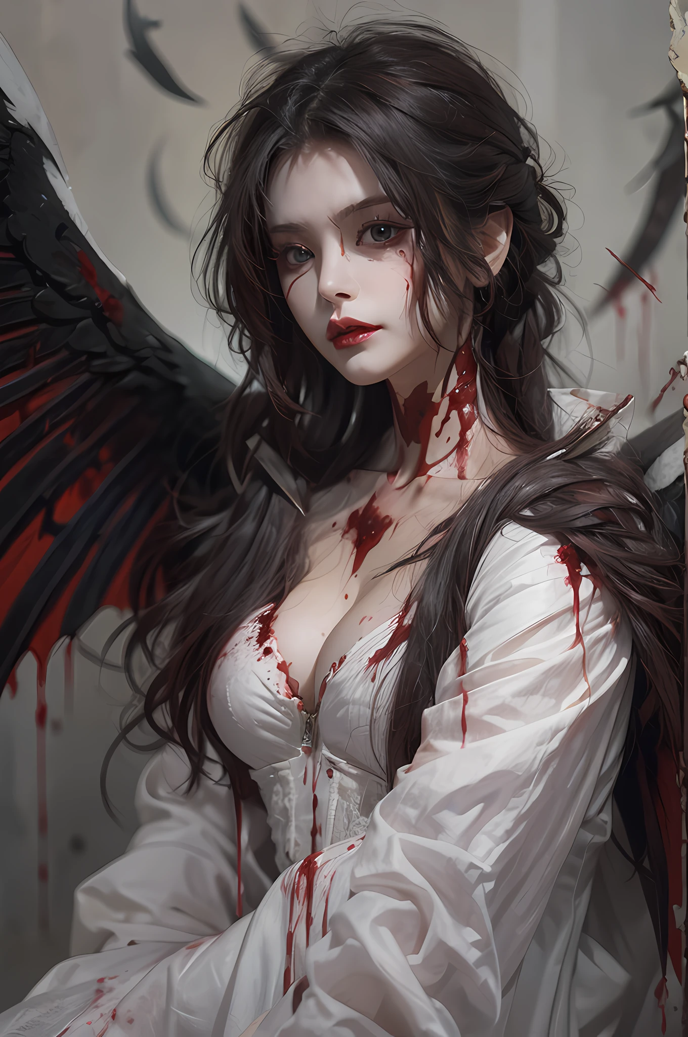 (tmasterpiece,best qualtiy),nakeness,Vampires,pointy ears,Covered in blood,battlefiled,blasts,full body in a black dress posing for a picture, A vampire with blood on his lips,The halo, Wings, the fallen angel,White scales, Squamous bodies, brunette color hair, Loose waves, red color eyes,Bleeding from the corners of the eyes,cleavage, seductive dark fantasy,Evil expression