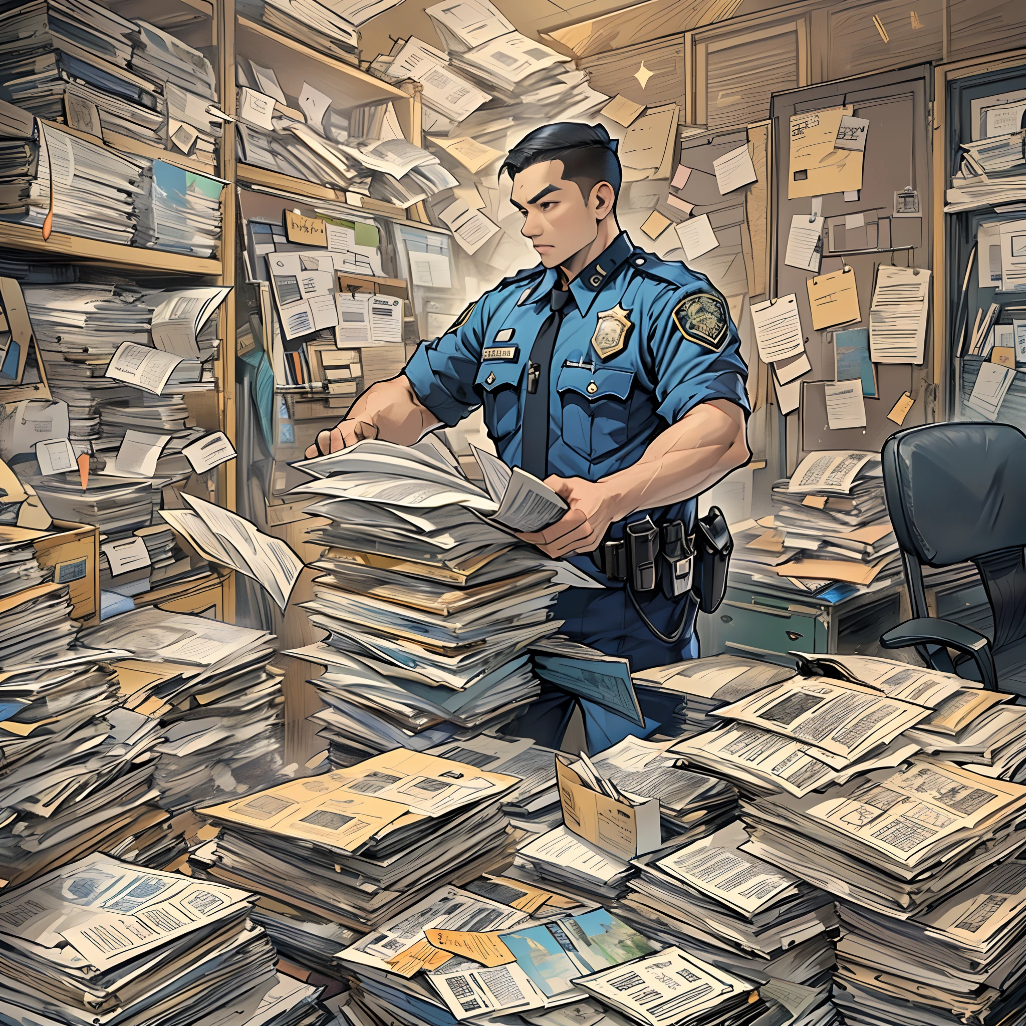 A police officer pacing anxiously in the office, holding a stack of files, surrounded by piles of case materials and clues, ,in the style of the stars art group xing xing, 32k, best quality, masterpiece, super detail, high details