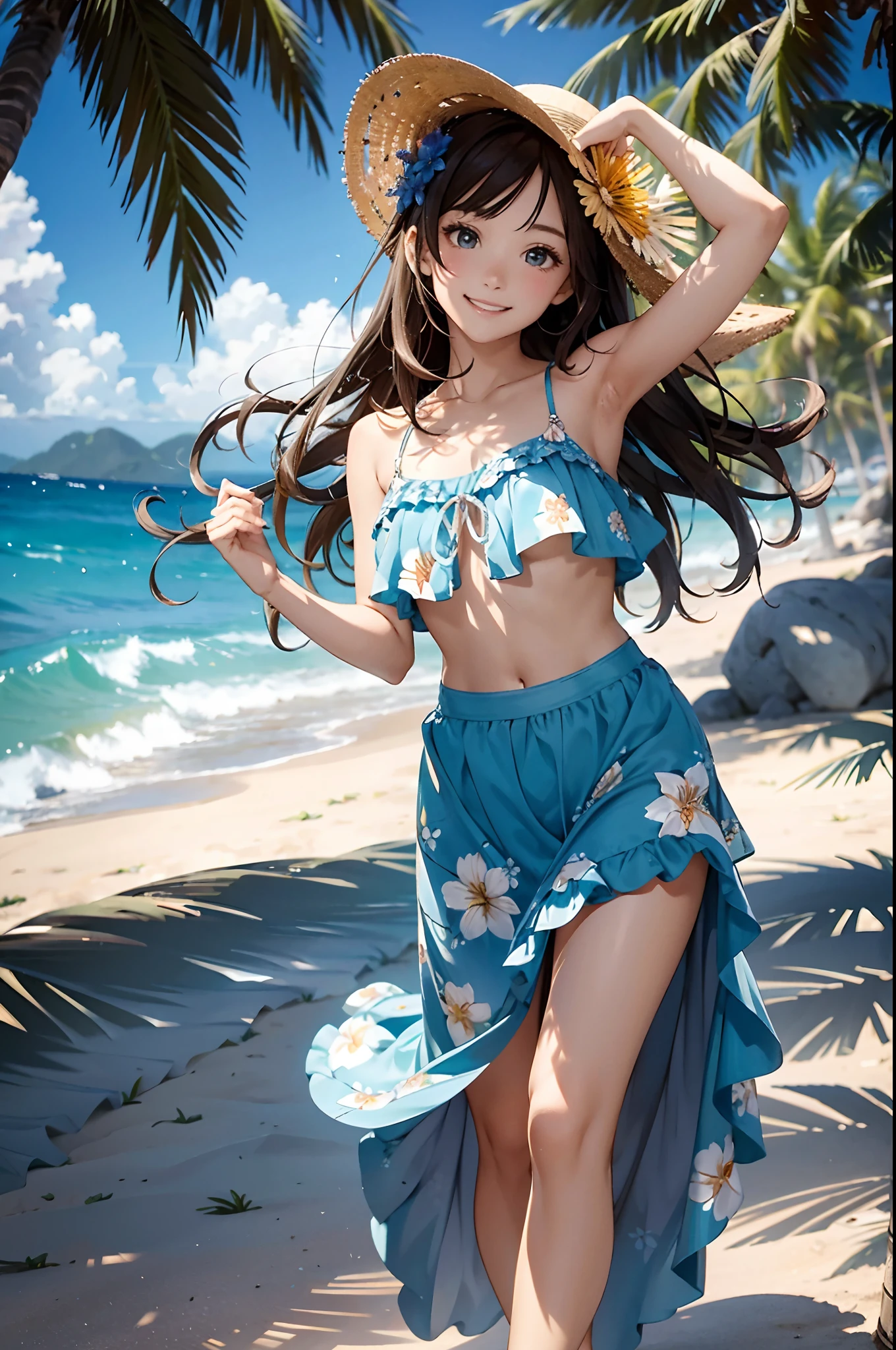 (top-quality、in 8K、32K、masterpiece、nffsw、ighly detailed、Photoreal Stick:1.2)、Full body, blue open sky、Tropical seas、Palm trees、beauitful face、blurry backround、20-year-old beauty、shinny skin、dark brown hair、Medium Hair、Blue eyes、Maxi skirt、flipflops、Floral hair ornament、a straw fedora hat、raise arms、Smile with open mouth、skin tanned、