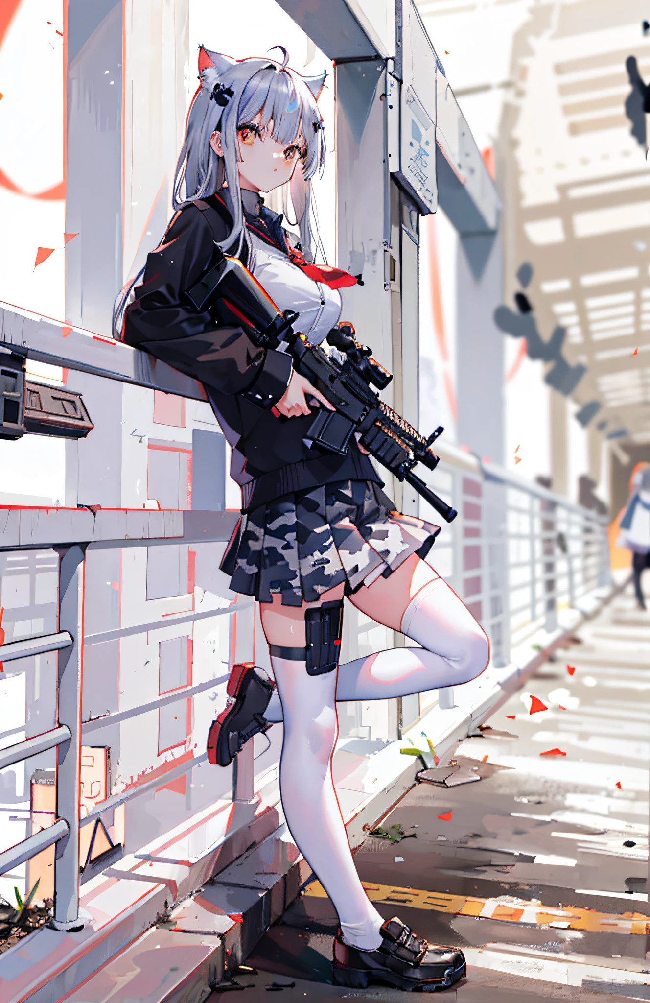 ((Masterpiece)), ((Best quality)), ((A high resolution)), ((Extremely detailed Cg Unity 8K wallpaper)),one-girl, (Cat-eared girl), Superskirt, ((pleatedskirt)), a black skirt, Japanese uniform, JK school uniform, Japanese high school girls' uniform, (White ladies shirt), Camouflage coat, Korean style blazer for women, (Black transparent stockings), Over-the-knee stockings, ((HK-416 rifle)), ((Armed with a firearm)), Fighting posture, (ornate backdrop), outside, Wasteland, Collapsed buildings, (battlefiled), (You can see the buildings), Broken streets, Abandoned cities, Walk the streets, Side Body, facing at camera, head looking up, Look at the camera, Shy, Tilt the camera sideways, Shooting, Shooting stance, poison fangs, Light blush, Fang, rape face, Reflectors, Cat ears, cat hair ornament, Striped hair, whaite hair, Brown hair, Gradient hair, ahoge, bangs, Long hair, Hairline, Absurdly long hair, hair over shoulders, Long hair, heart ahoge, hair splayed out, Floating hair, heart ahoge, Striped hair, anime big breast, Chiaroscuro, Depth of field, Cowboy shot, From the side Side, From below, 16k, A high resolution, Best quality, High quality, High details, Super detail, Anatomically correct, ccurate, Masterpiece, hyper HD
