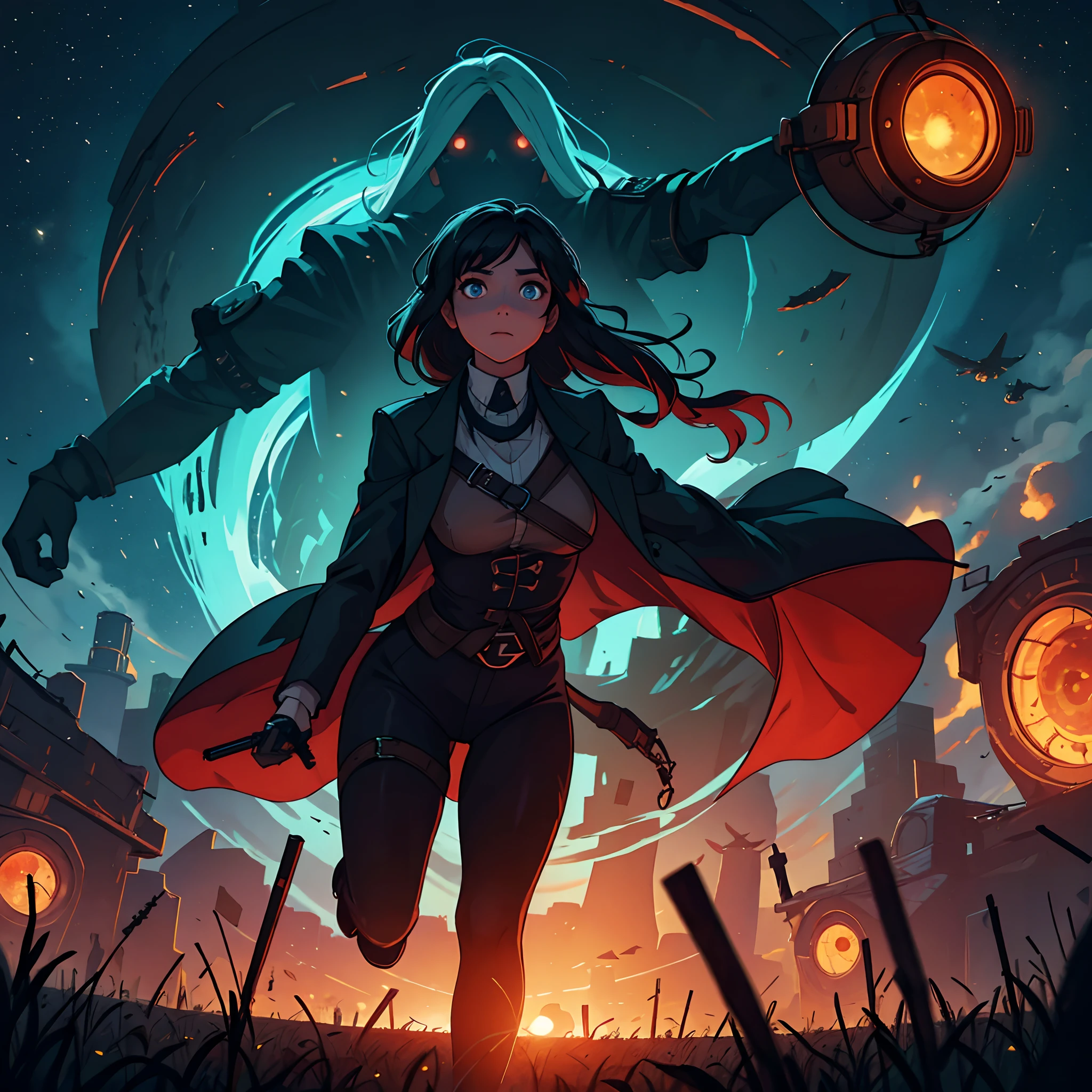 The young woman finds herself at night in the field surrounded by corpses while a giant eye watches her from the sky, she tries to flee in terror but wherever she runs, the giant eye does not stop looking at her