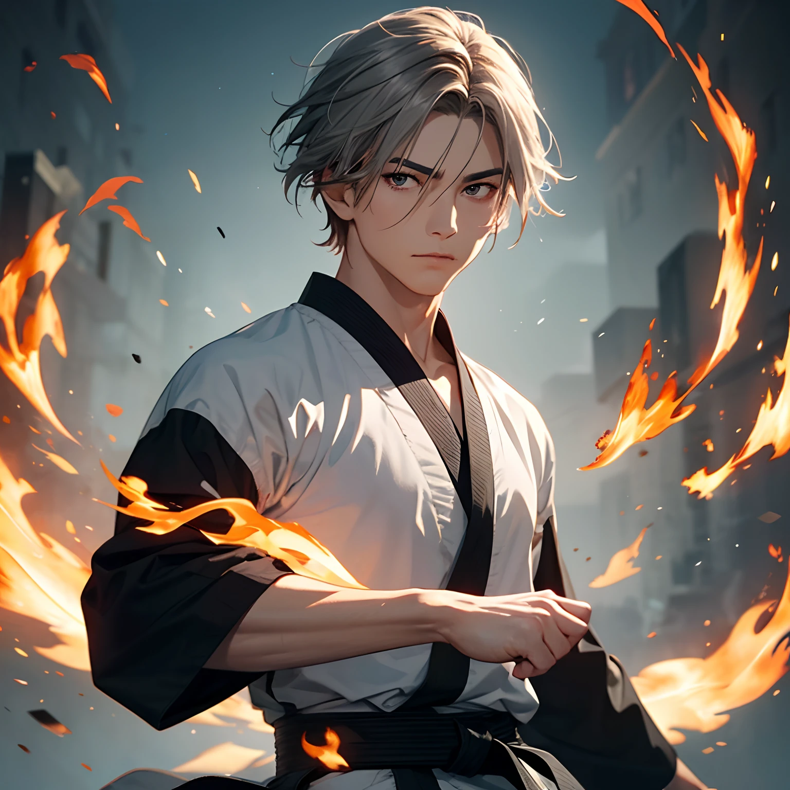 (Best Quority,masterpaintings),1male,lascivious posture,Particle,the wind,firey,Upper body body,blue backdrop,looking ath the viewer,Gray-haired male,Department of martial arts --auto