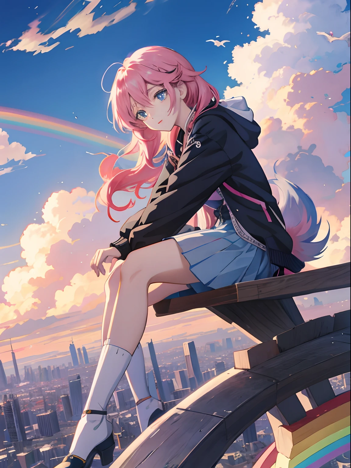 Anime girl sitting city wolf on rainbow cloud background, style of anime4 K, 4K anime wallpaper, Anime epic artwork, Anime Cloud, Anime wallpaper 4 k, Anime wallpaper 4K, Anime Sky, Anime art wallpaper 4k, Anime art wallpaper 4k, hd anime wallaper, Guweiz in Pixiv ArtStation