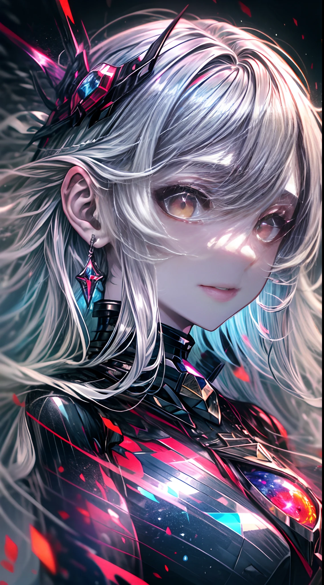 (simple hands:0.5)+(detailed hands:0.7), (masterwork), (best quality), white hair, red eyes,1girl, pale skin, white hair, red eyes, two tone hair, eyelashes, bracelet, jewelry, smile, gleaming skin, shiny hair, detailed and majestic stage, Fantasy, Long Hair, 1 girl, two-tone hair, night sky, Incredibly detailed CG illustration masterpiece, looking at you, anime, beautiful anime eyes, beautiful detailed eyes, eyes, glittering eyes, red eyes, galaxy, nebula, (full body), (curvy),
