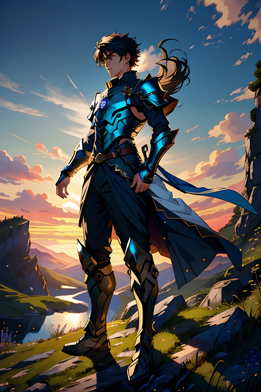 (ultra high res,photorealistic,realistic,best quality,photo-realistic)
Create an anime scene featuring a young man standing on a grassy cliff at sunset. He wears a blend of traditional and futuristic armor, holding a glowing sword. His determined expression and flowing hair catch the wind as he overlooks a serene valley. The animated background includes swaying trees, drifting clouds, and soaring birds, adding to the tranquil ambiance. Surrounding him, vibrant wildflowers bloom, and his ornate armor tells a story of his journey. The interplay of light and shadow emphasizes his heroism and connection to the world around him.