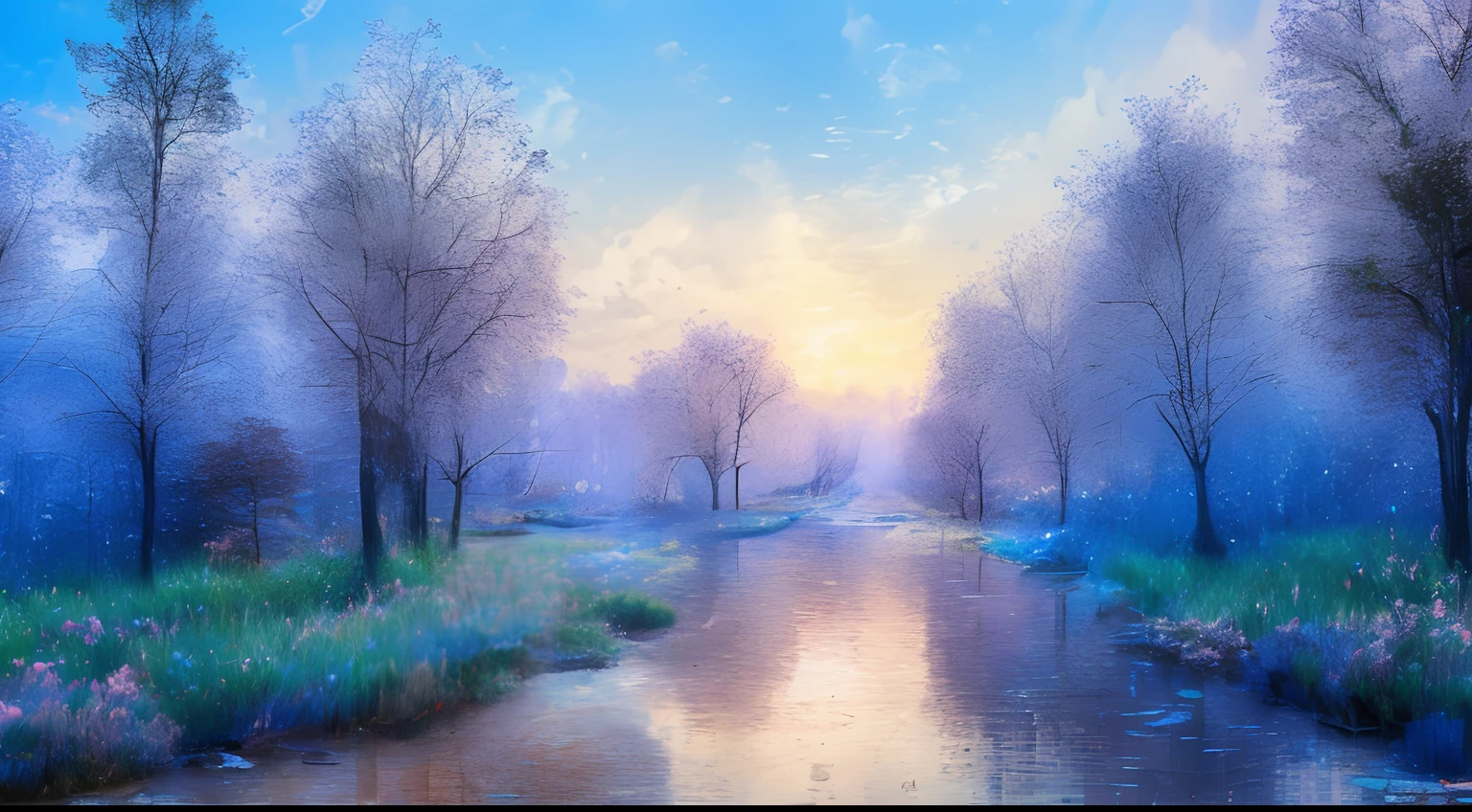 Analog style,ChromaV5,nvinkpunk,(extremely detailed CG unity 8k wallpaper),An image of a majestic river, trees on the sides, tiny waterfall, intense fog ,award winning photography, Chromatic Aberration, Detailed , HDR, Bloom, style by Monet, Pissarro, and Sisley ,trending on ArtStation, trending on CGSociety, art by midjourney