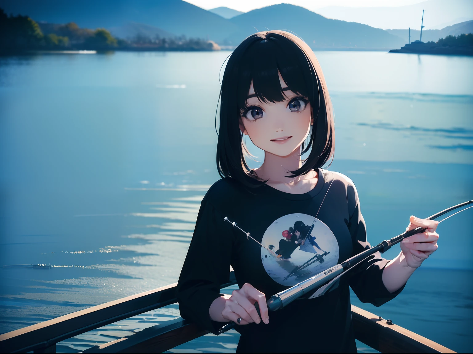 (((have a fishing rod with a reel))) (((stand by the lakeside:1.1))),((Best quality, Masterpiece :1.3)),(1 japanese mature female),black hair, longeyelashes, solid circle eyes, light smile, drop shadow, atmospheric perspective, 8k, super detail, ccurate, best quality, small breasts,black jacket, Black T-shirt ,navy blue jeans,