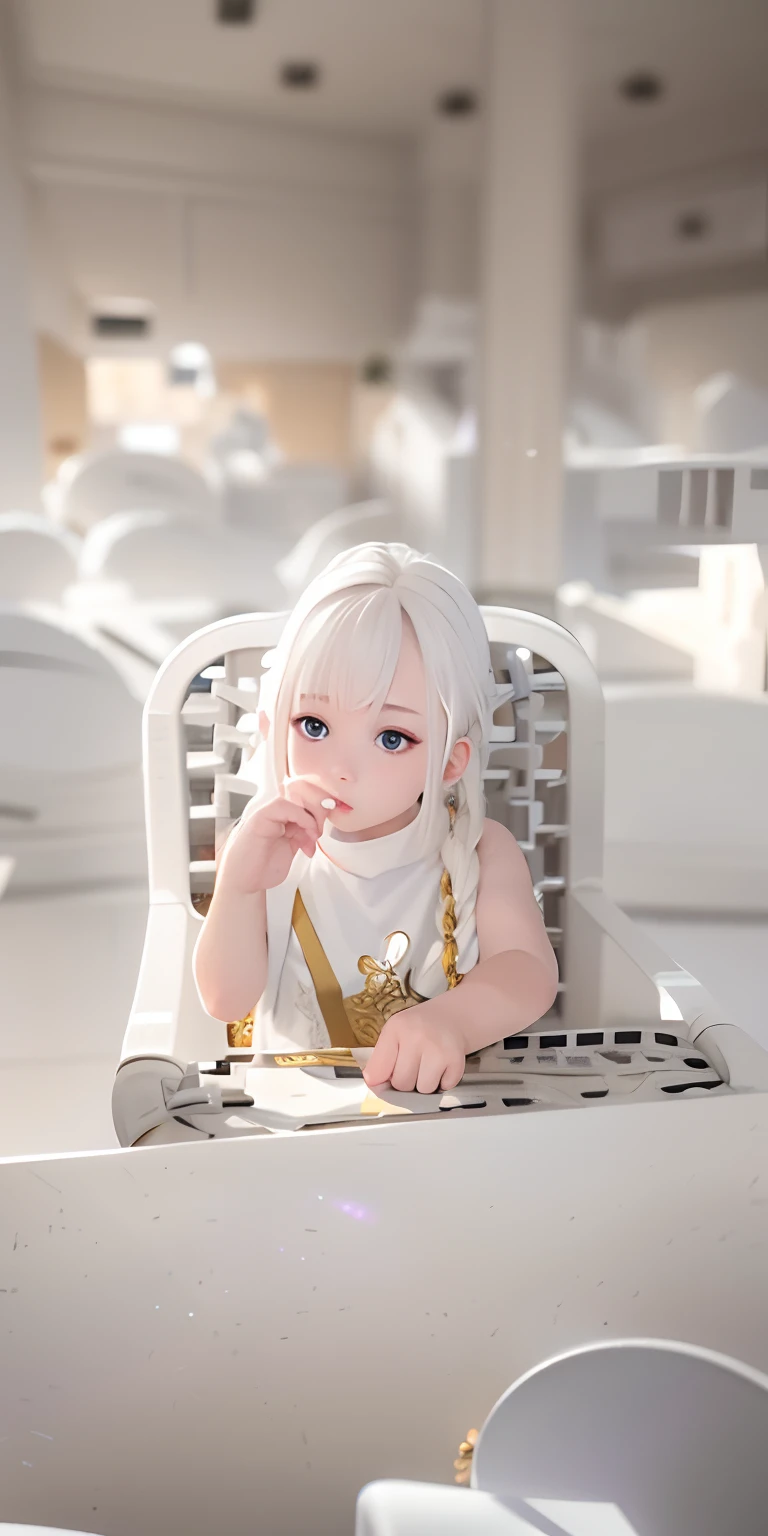 best quality, masterpiece,white hair, gold eyes,white clothes, looking up, upper body,hair strand,Fair skin,side braids
