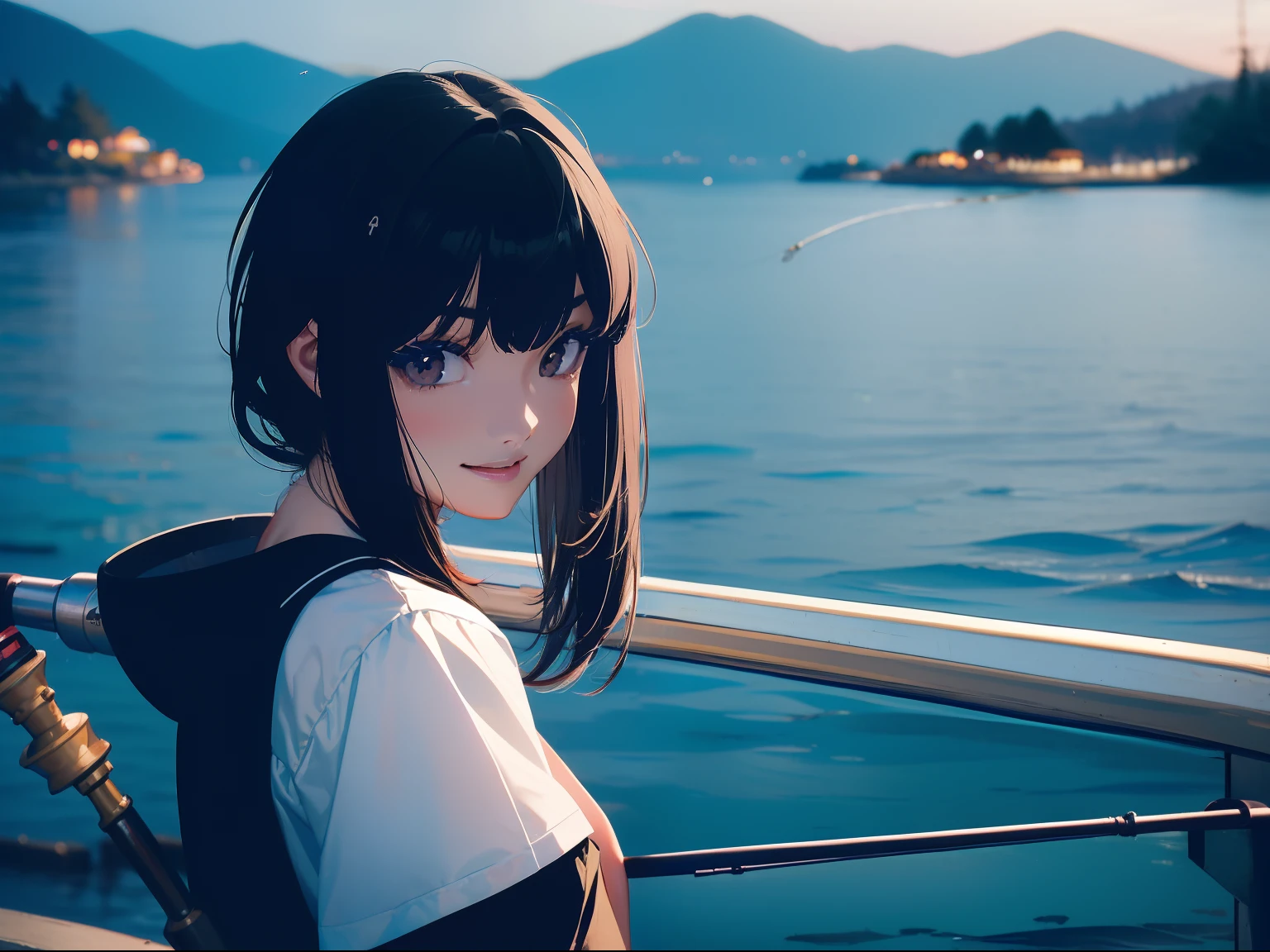 (((have a fishing rod with a reel))) (((stand by the lakeside:1.1))),((Best quality, Masterpiece :1.3)),(1 japanese mature female),black hair, longeyelashes, solid circle eyes, light smile, drop shadow, atmospheric perspective, 8k, super detail, ccurate, best quality, small breasts,black jacket, Black T-shirt ,navy blue jeans,