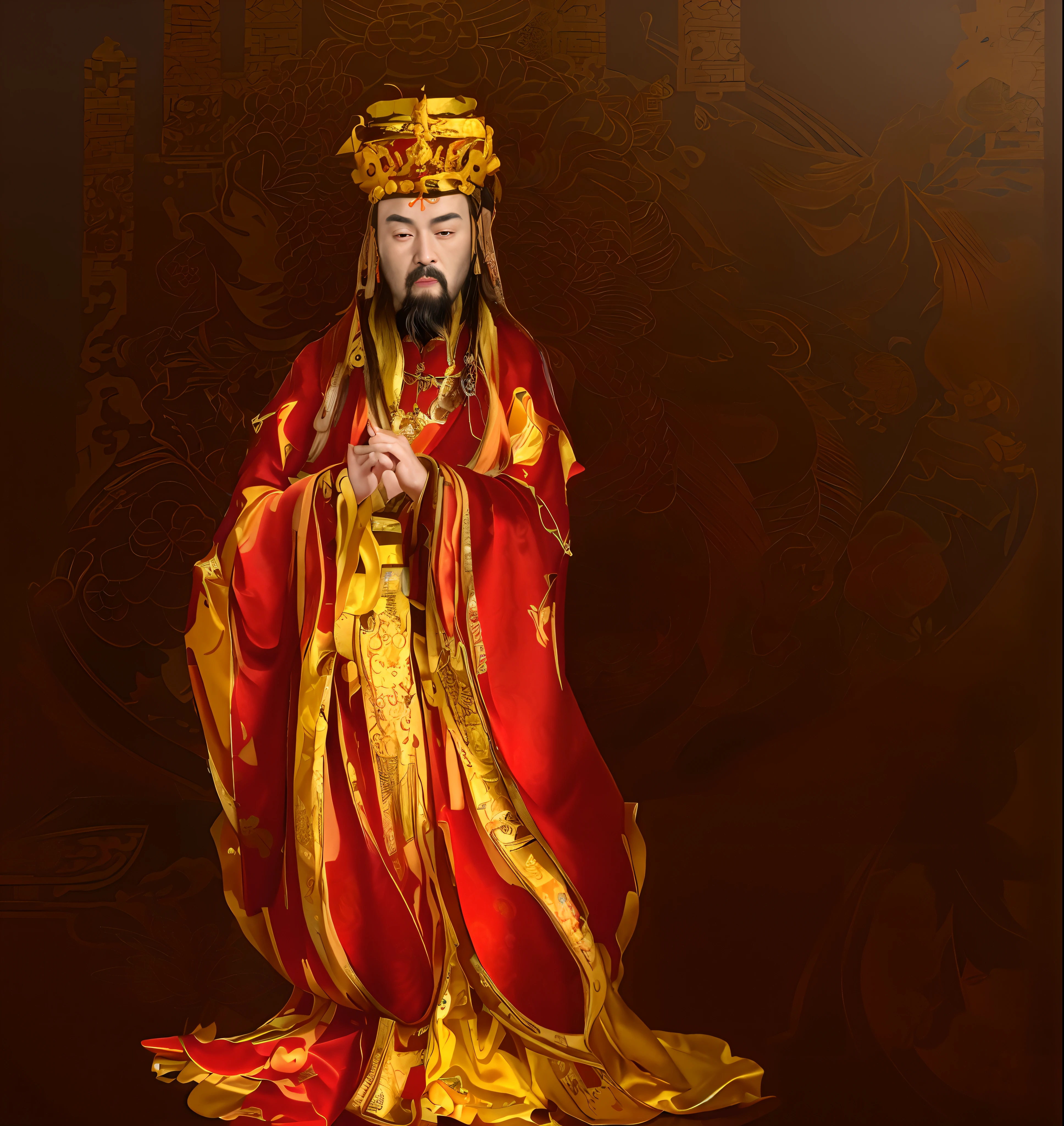 A man with a beard,The Jade Emperor, the emperor, the god emperor of mankind, Dressed in gorgeous ancient kings, Wearing ancient Chinese clothes, Intricate and gorgeous patterns and textures,golden colored,red colour,loong pattern,Robes, with acient chinese clothes, hua cheng, Daoism