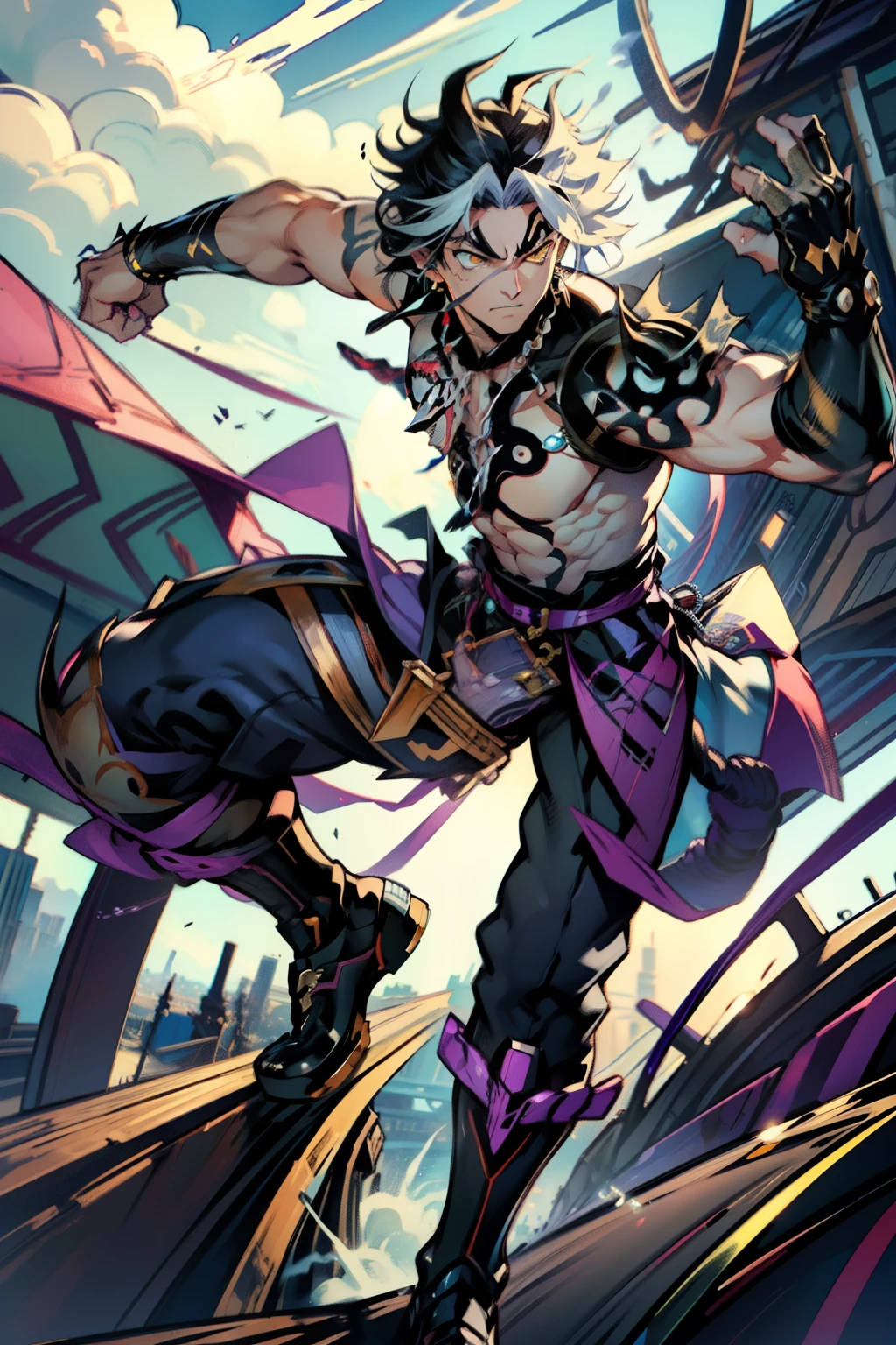 《the original god》Arataki Kazuto , male people，，((Masterpiece)), ((Best quality)), Ultra detailed,((illustration)), Dynamic Angle, Detailed light, (Delicate eyes), Floating, 1boy, Male focus, Head, Clothing, Yellow eyes, necklace, tattoo, (Forehead:0.8), (ahoge:0.8), jewelry, apathy，Ray， chest muscle， Sexy , Venom symbiote for your body, Black mucus of the body , （into venom）, Venom，frontage，style of anime4 K， 4K anime wallpaper， Badass anime 8 K， 4 k comic wallpaper， young anime man， Anime boys， Anime wallpapers 4 k， Anime wallpaper 4K， High quality anime art style， Anime moe art style， Anime art wallpaper 8 K， Anime art wallpaper 4 K， RGB lighting