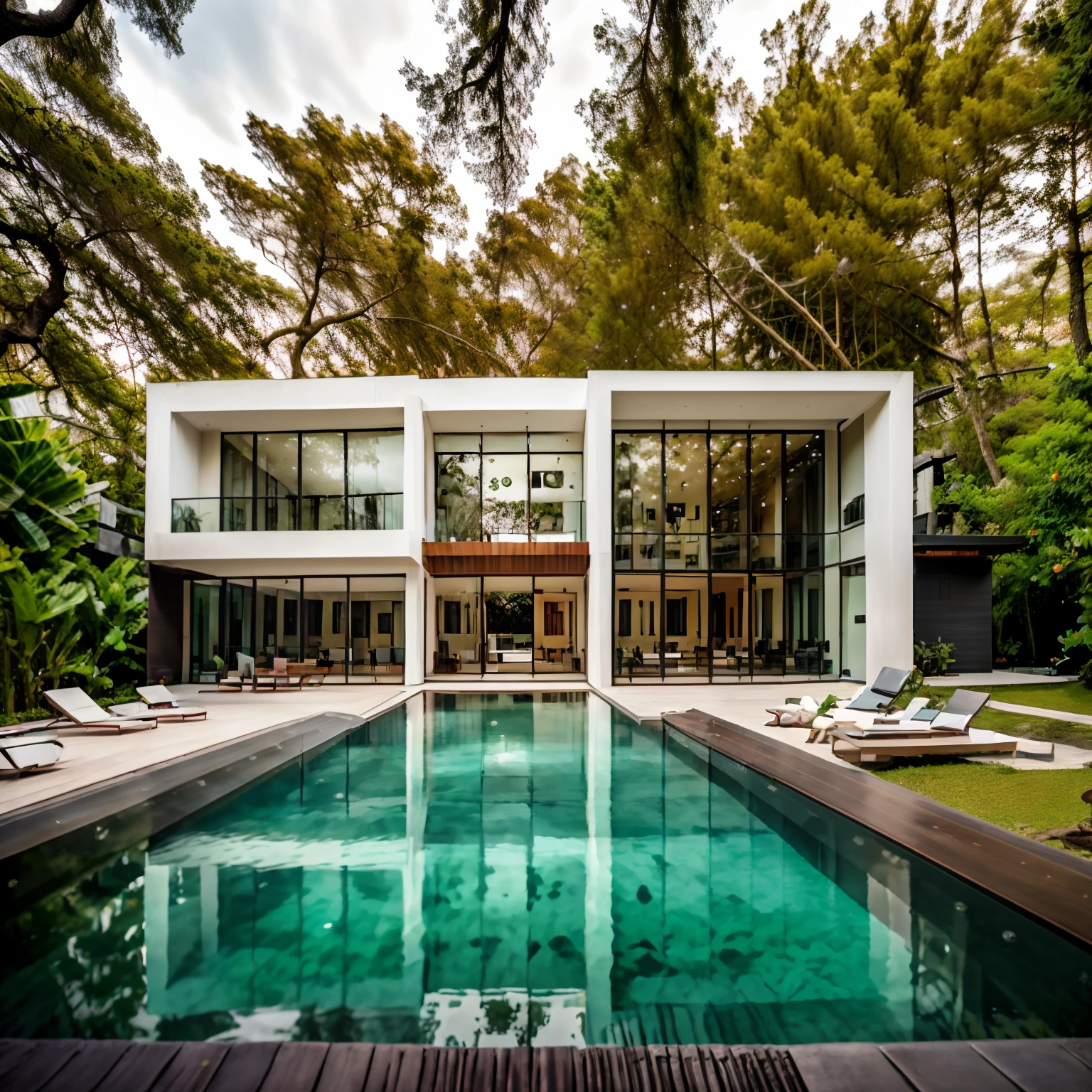 Mordenhouse, Casa moderna na floresta, Jardim tropical, Dramatic, arquitetura, composite construction, obra-prima, (Fotorealista: 1.2), melhor qualidade, piscina em frente. Paredes em pedra marmore. No furniture outside. Piscina em pedra preta