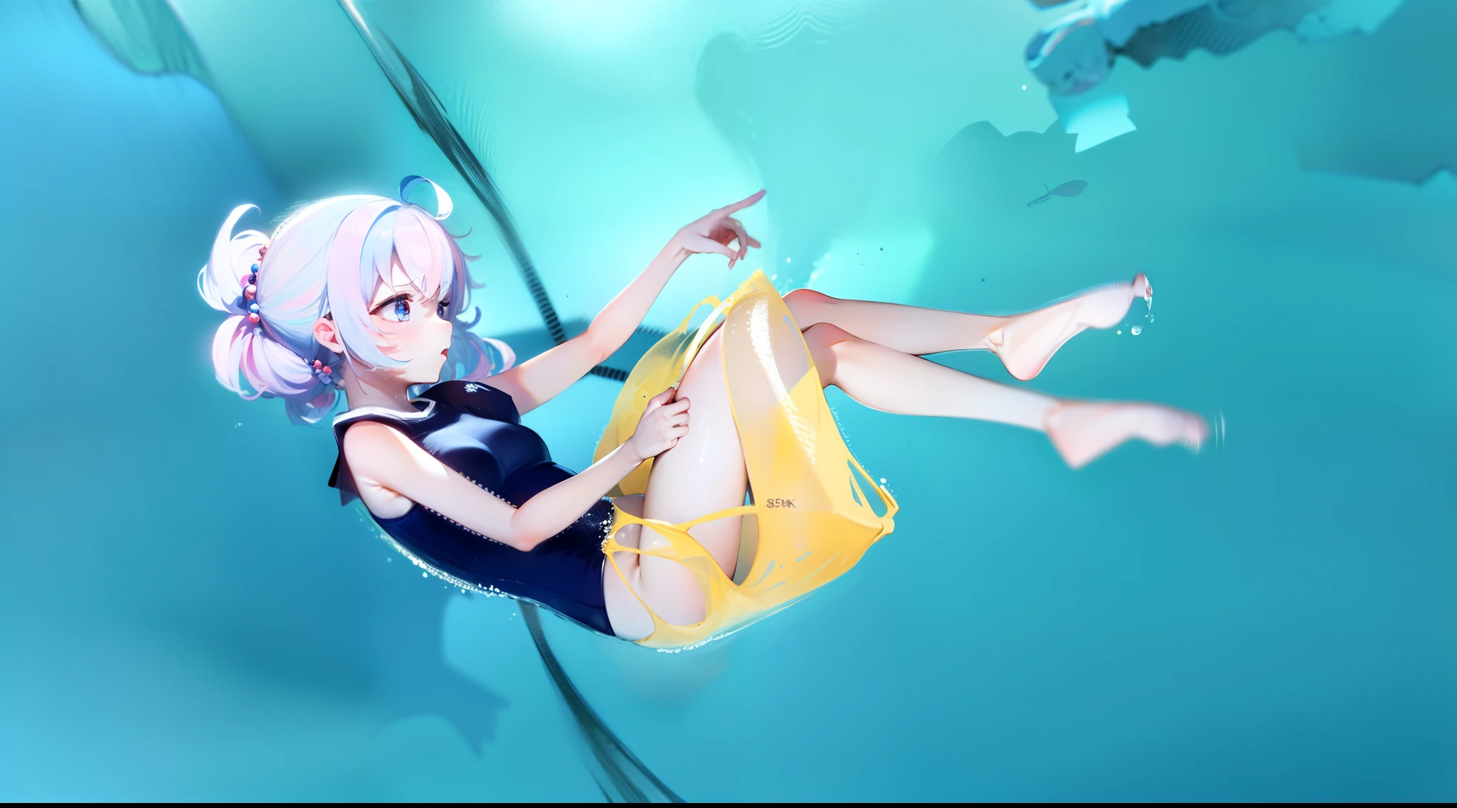 (((8K, RAW photo, Best quality, Masterpiece:1.4))), 超高分辨率, Ultra-detailed, illustration, Close-up，Two-dimensional anime girl in blue swimsuit falls in swimming pool, floating drowned, floating under water, Swim in the ocean, swimming underwater, floating in the ocean, [ Floating ]!!, In the ocean, dramatic floating pose, In the sea,