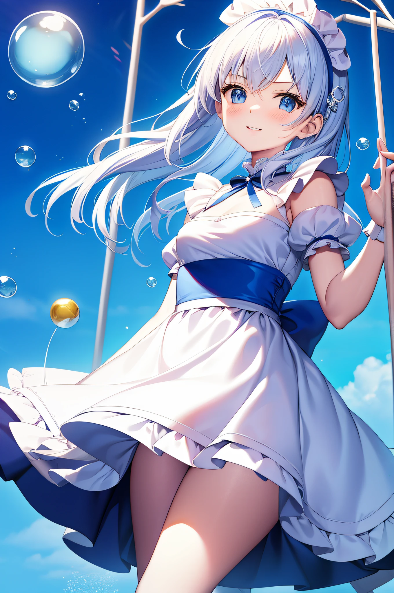 blue maid outfit,bubble head,Laugh with small dimples,Round and sweet lips,Take the branch,long white hair,18-year-old girl,