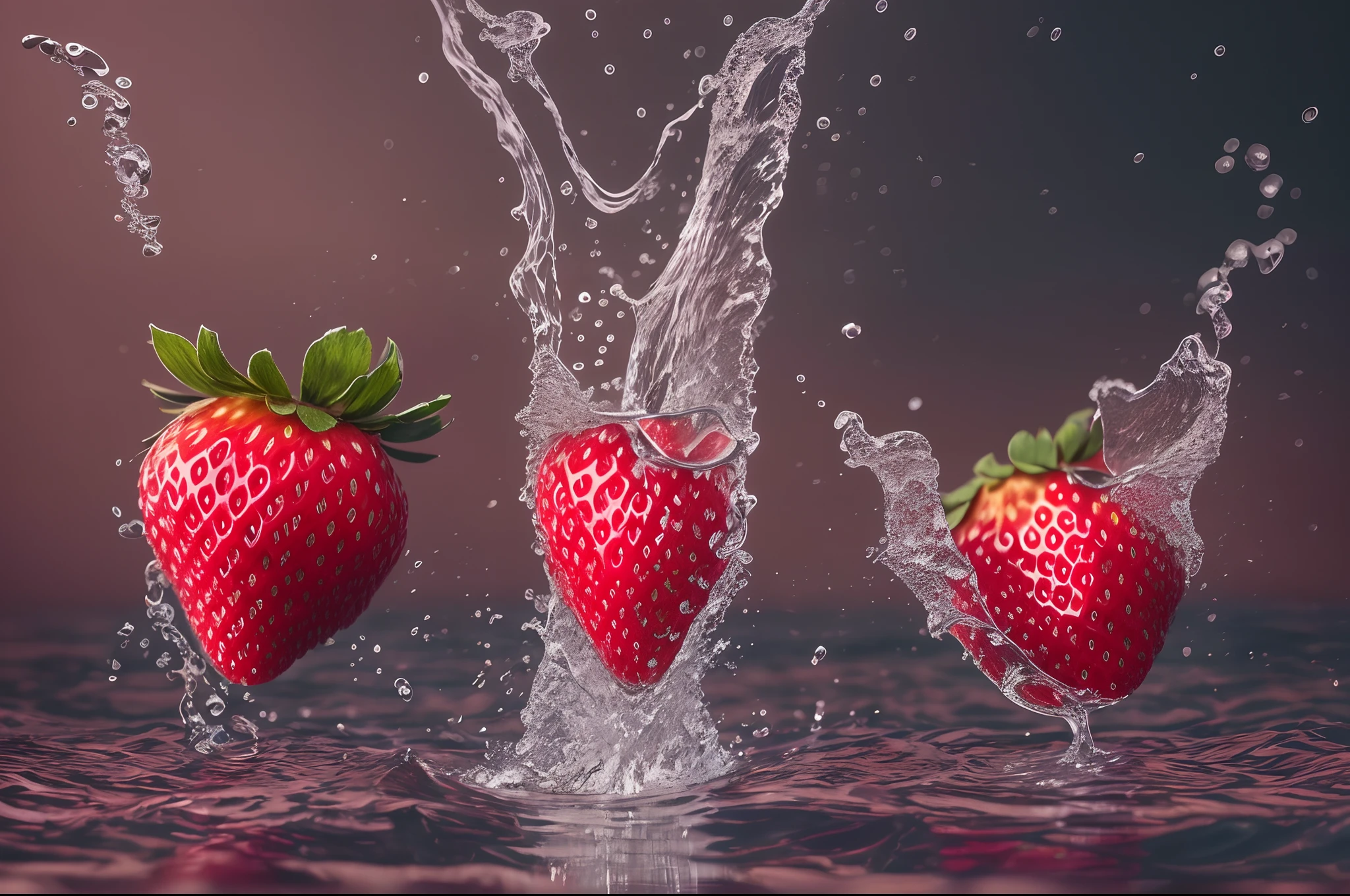 3 strawberries fall into the water，carbonic acid，Ultra photo realsisim，Digital SLR，closeup cleavage，Professional color grading，clean sharp focus，Epic composition，professional photoshooting，Ultra photo realsisim，hyper HD，the detail，hdr，8K