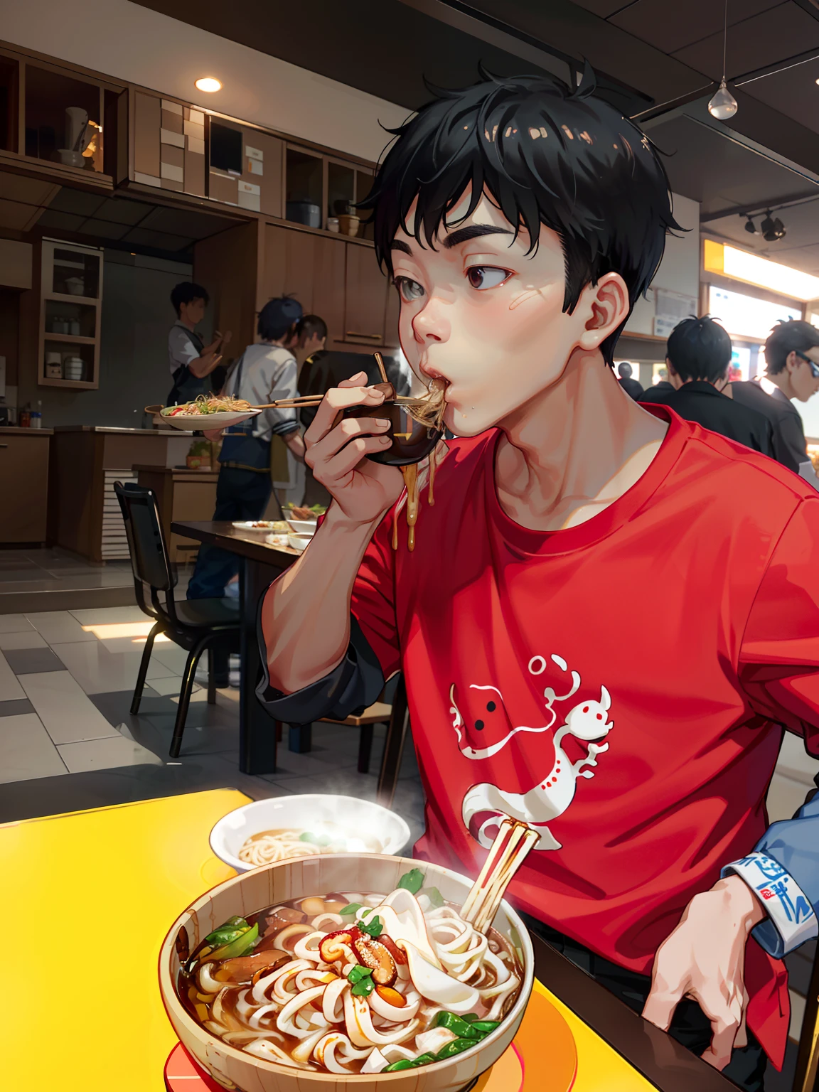 Boy eating a bowl of soup with chopsticks on the table, Eating noodles, eating ramen noodles, Eating, kid, delicacy, taken with sony alpha 9, kiddy big breasts, Handsome, closeup at the food, mukbang, very tasty, captured with sony a3 camera, Gamine, taken with a Sony A7R camera, bo chen, taken with canon eos 5 d mark iv