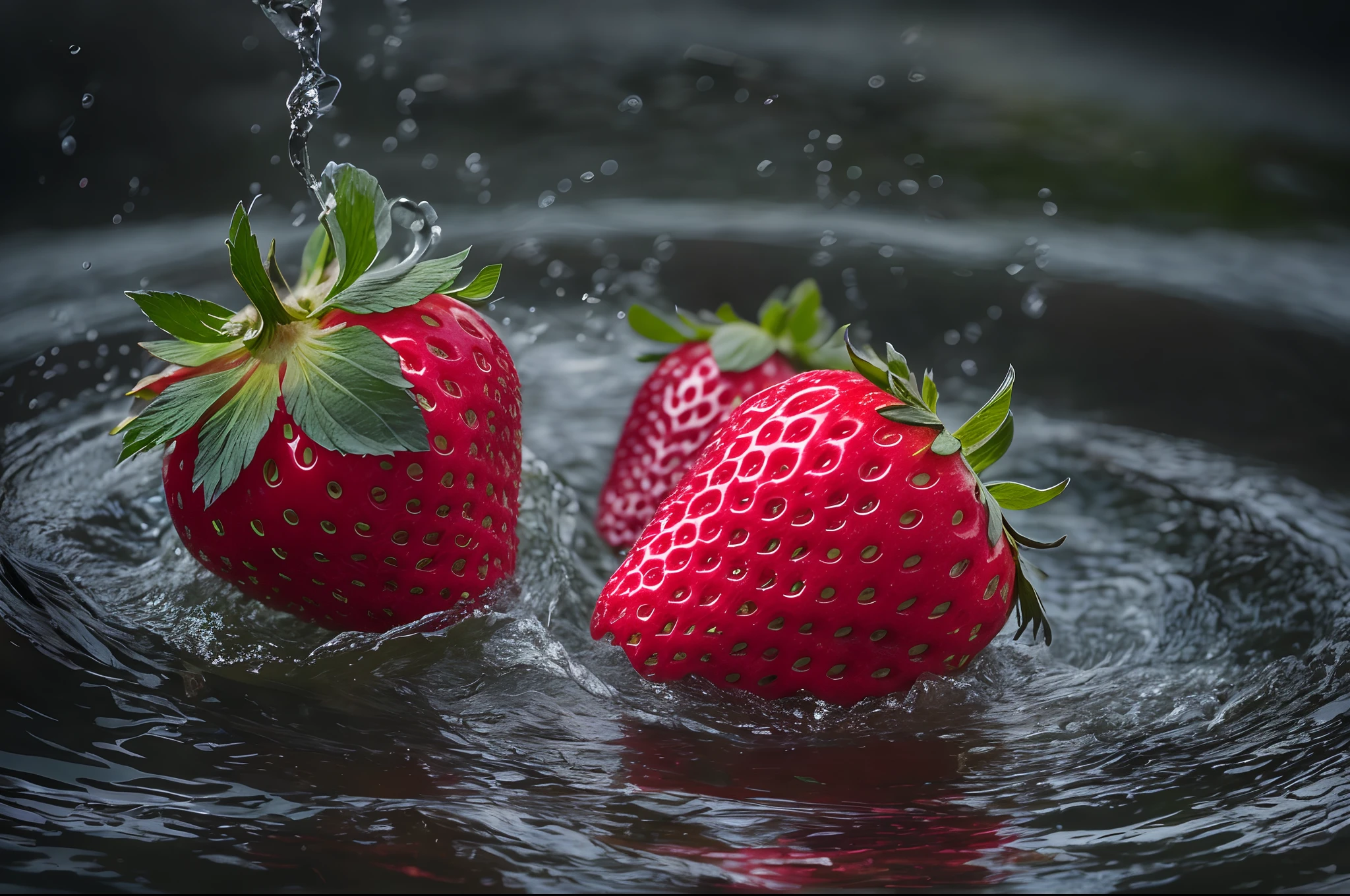 3 strawberries fall into the water，carbonic acid，Ultra photo realsisim，Digital SLR，closeup cleavage，Professional color grading，clean sharp focus，Epic composition，professional photoshooting，Ultra photo realsisim，hyper HD，the detail，hdr，8K