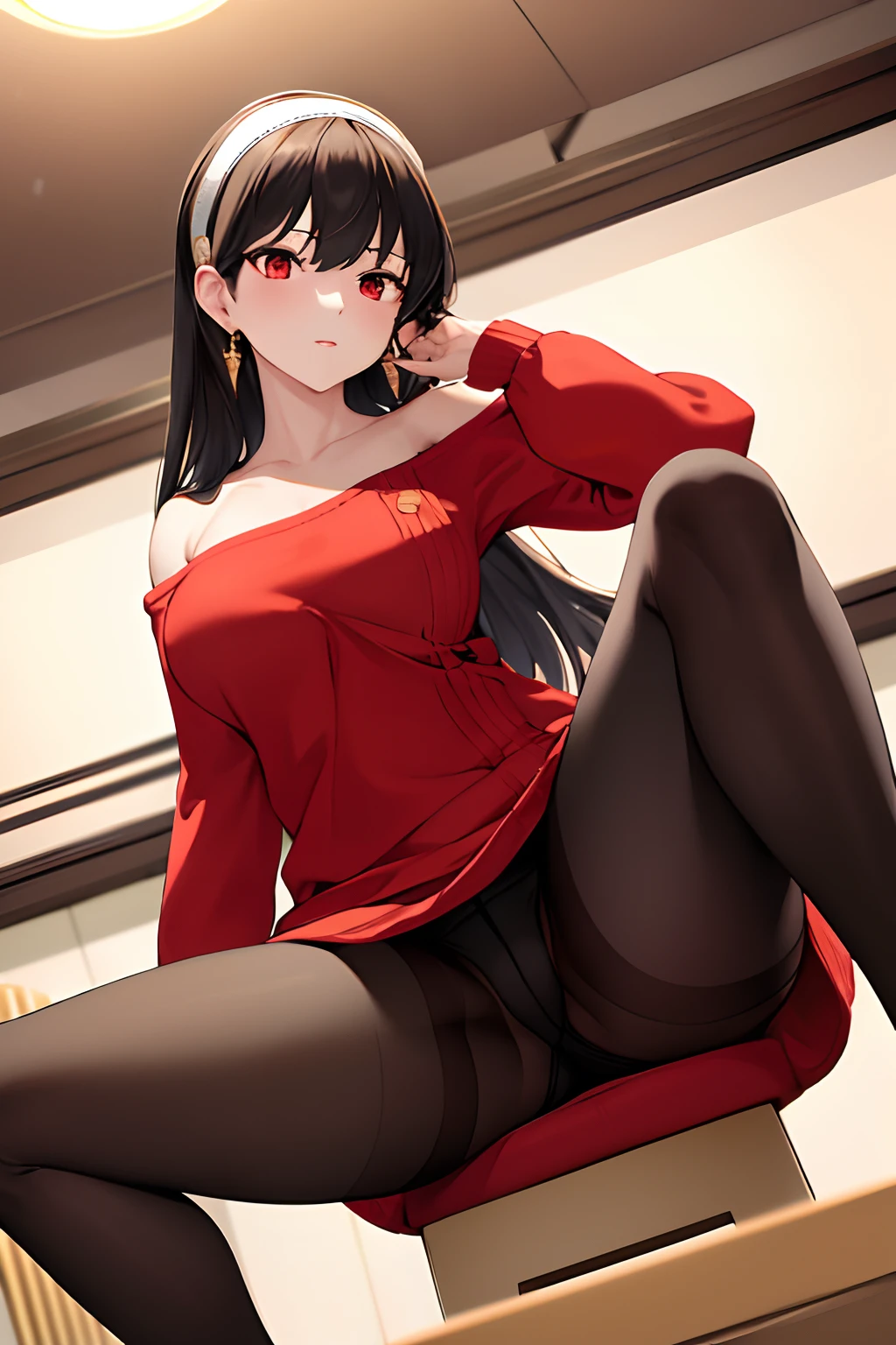 masterpiece, best quality, highres, bbyorf, long hair, white hairband, red eyes, gold earrings, large breasts, jewelry, off shoulder, red sweater, sweater dress, long sleeves, black pantyhose, from below, spread legs, sitting, panties