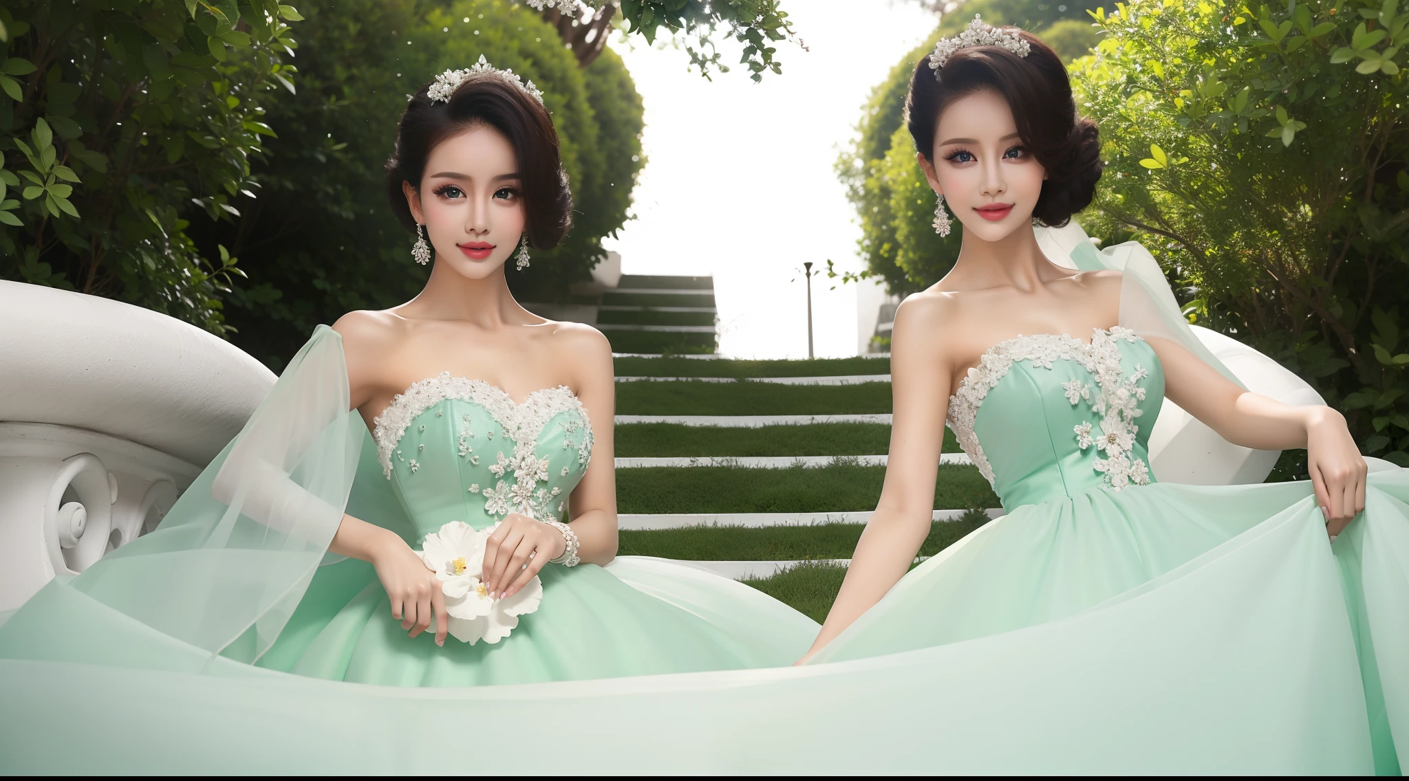 Fashion model 20 years old [[[[closeup cleavage]]]], [[[[boobgasm]]]], [[[[coll]]]], [[[[bshoulders]]]], perfect  eyes, Perfect iris，Perfect lips，perfect teeth，Perfect skin，with fair skin，Soft front light，hdr，Movie girl，long whitr hair，The background is outdoor，Green trees and flowers，（pastel colour：1.2）