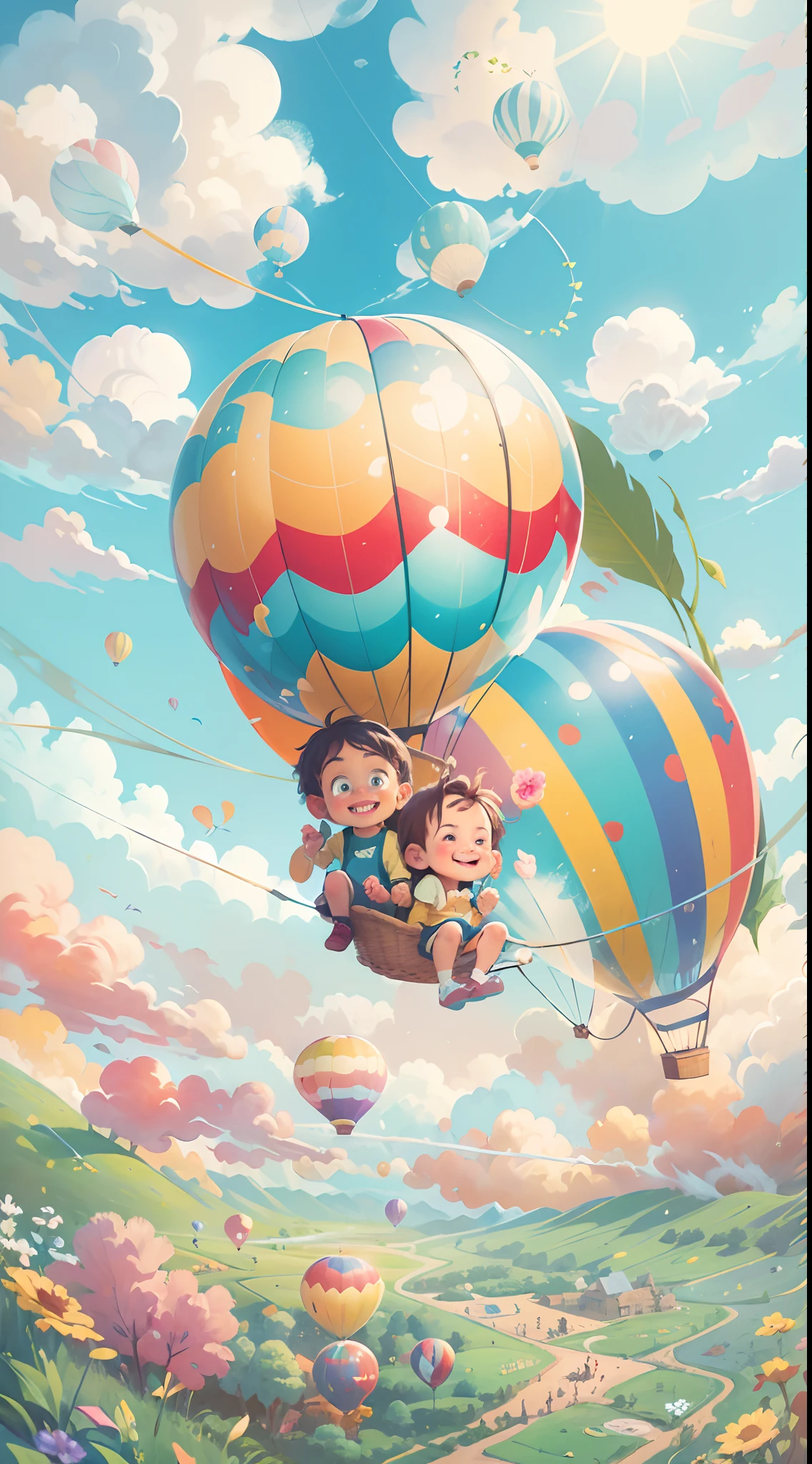 (Masterpiece, best quality) Two children sitting in a hot air balloon flying in the sky, smiling, fine facial features, sun, clean blue sky and white clouds, rainbow, meadow, summer -V6