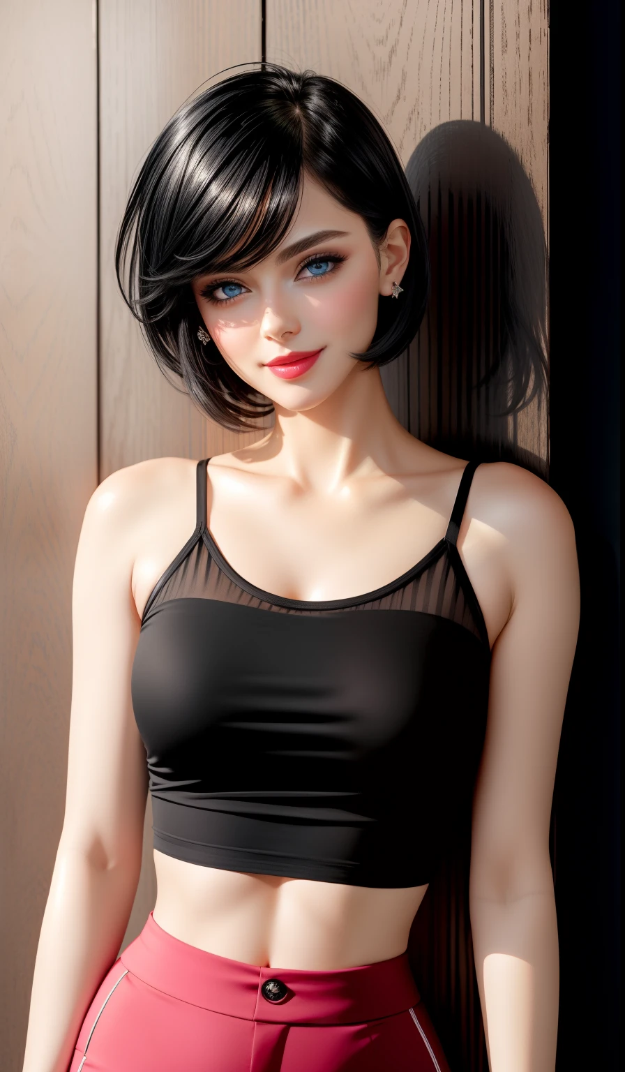 Sexy and cute woman, short black hair, bob style, plump face, seductive blue eyes, medium nose, deep pink blush, glossy red lips smiling, long neck, visible collarbone, white t shirt with black graphics tucked into shiny black pants, pinned against a wooden wall, natural lighting, intimate moment