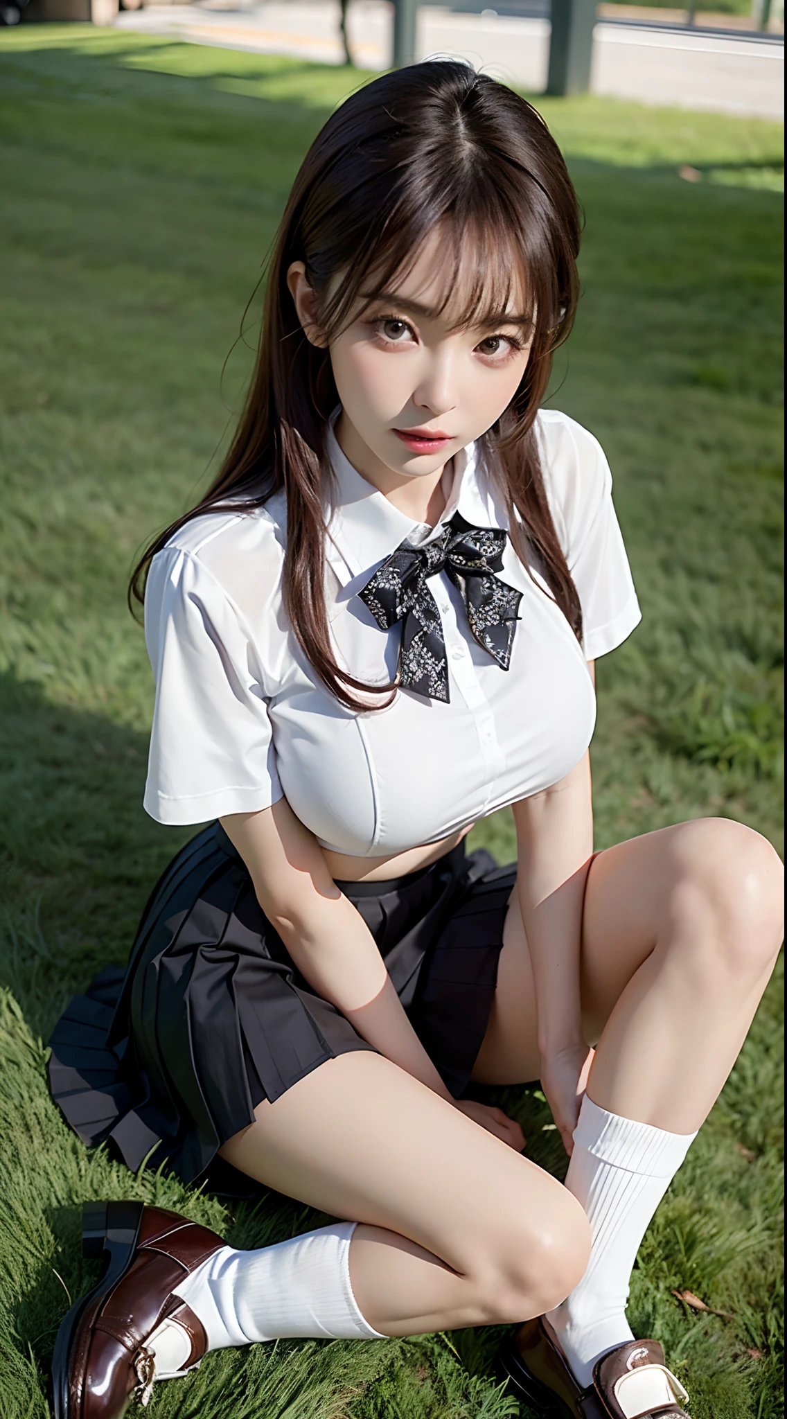 underdressing, Photo of a 20-year-old woman, adolable, pantiess, ((Kpop idol)), ((lace panty,Panty shots,White panties visible)), ((Sitting in the gym,Sit on the grass with both hands,A-shaped legs)), a skirt, 校服, sockes, brunette color hair, The shirt, bblurry, vague background, kneehigh, white shirt, Loafer shoes, cparted lips, with brown eye, black sock, neck bowtie, pleatedskirt, head rest, Shoot from below the front, exteriors, brownfootwear, tmasterpiece, top-quality, hyper-detailing,huge tit