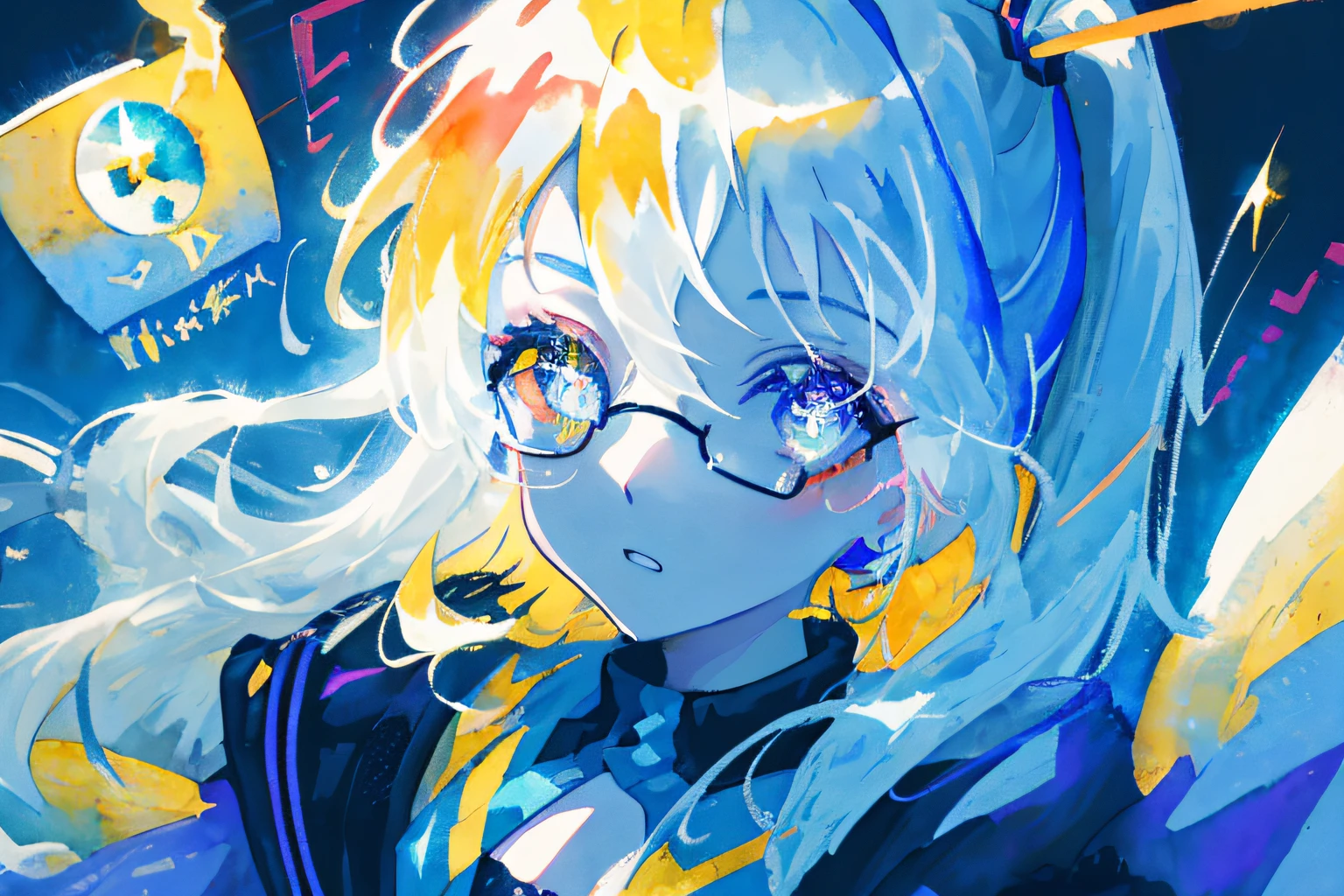 closeup cleavage,watercolor paiting,with dynamism,downy,Bright, glowing pupils,largeeyes,The eye,((Starlight pupils)),Contrast,hight contrast,Dark stripes,pony tails,eye glass,Musical elements