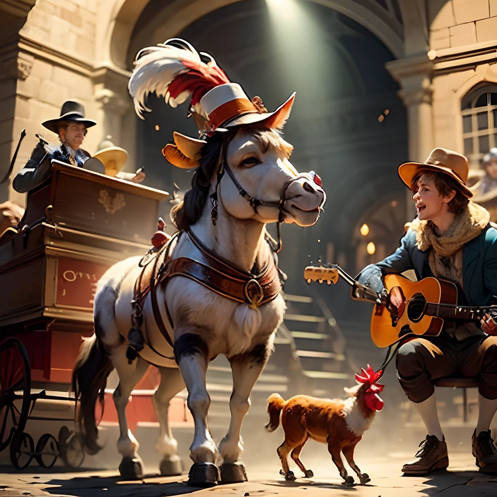 1400 years. German fairy tale. Cheerful funny Bremen musicians (donkey, cat, dog, rooster and a young guy), in hats and pop old costumes, play musical instruments, the stage is a big cart, Close-up, super photorealistic, cinematic, dynamic, cartoon style. --auto --s2