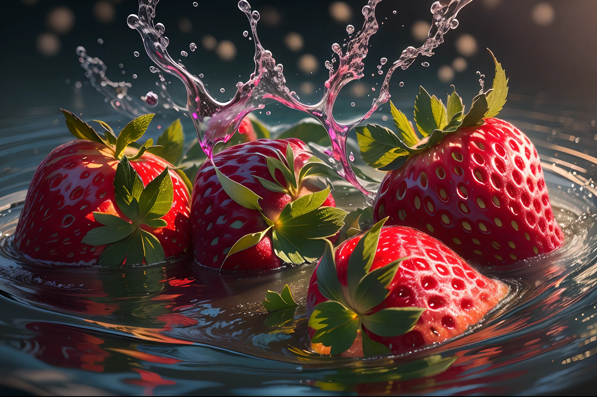 3 strawberries fall into the water，carbonic acid，Ultra photo realsisim，Digital SLR，macro，Professional color grading，clean sharp focus，Epic composition，professional photoshooting，Ultra photo realsisim，hyper HD，the detail，hdr，8K