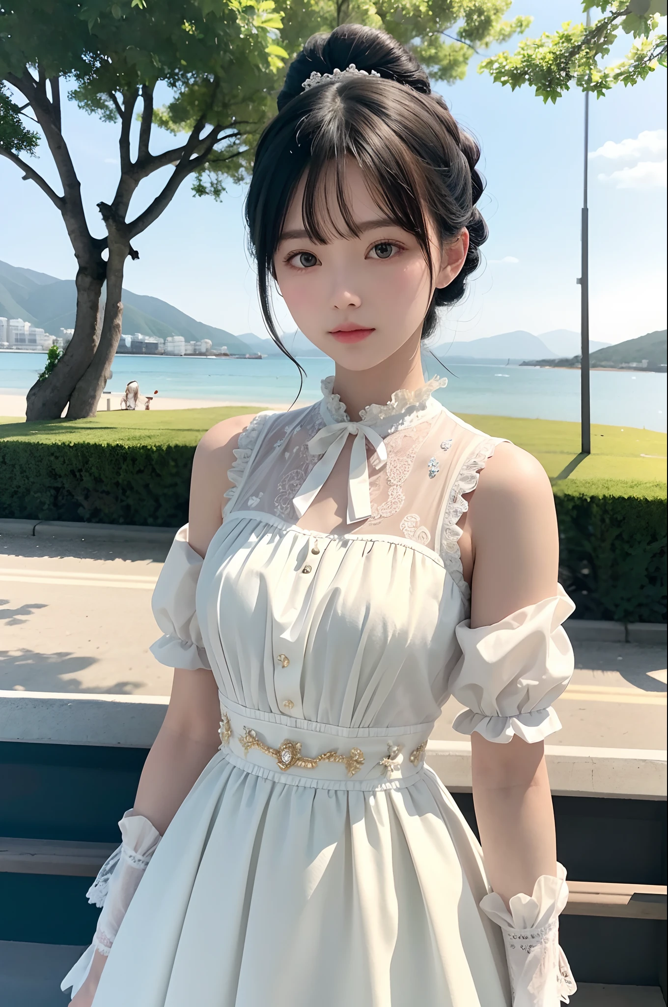best qualtiy,Photo restoration,A photo of a cute and well-behaved girl,(with short black hair:1.5),dignified,ellegance,delicated face,hair pin,Detailed porcelain doll,Delicate clothes with lots of frills and ribbons,Perfect body proportion,beachside,Close-up of face,looking at viewert,Shimmering,first person perspective,wide angles。