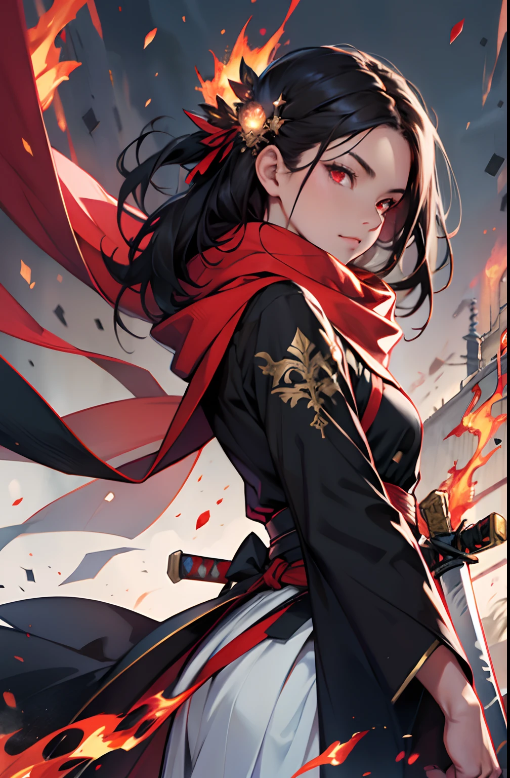 (absurderes,A high resolution,ultra - detailed), tmasterpiece, best qualtiy, 独奏, A girl with long black hair holding two swords, red white robe, Handsome, finely eyes, finely eyes, finely eyes, Bright red eyes, Delicate face, Black scarf,, carry two swords, dual swords, A sword surrounded by flames, Tattooed with, from below, looking down below, 废墟, background inside dark, swirles, spark of light