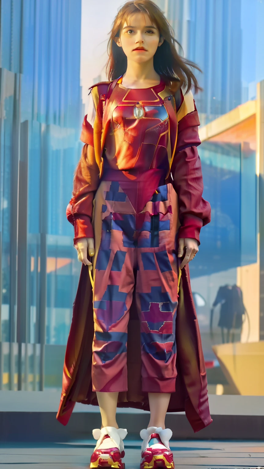 araffed woman in a suit of iron man standing in front of a building, iron man, like ironman, cyberpunk iron man, ironman, hq 4k wallpaper, emma watson as iron man, cinematic body shot, cinematic full body shot, hero pose colorful city lighting, marvel style, covered in full metal armor, hq 4k phone wallpaper