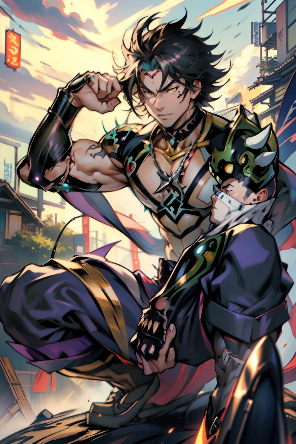 《the original god》Arataki Kazuto , male people,,((Masterpiece)), ((Best quality)), Ultra detailed,((illustration)), Dynamic Angle, Detailed light, (Delicate eyes), Floating, 1boy, Male focus, Head, Clothing, Yellow eyes, necklace, tattoo, (Forehead:0.8), (ahoge:0.8), jewelry, apathy,Ray, chest muscle, Sexy , Venom symbiote for your body, Black mucus of the body , (into venom), Venom,frontage,style of anime4 K, 4K anime wallpaper, Badass anime 8 K, 4 k comic wallpaper, young anime man, Anime boys, Anime wallpapers 4 k, Anime wallpaper 4K, High quality anime art style, Anime moe art style, Anime art wallpaper 8 K, Anime art wallpaper 4 K, RGB lighting