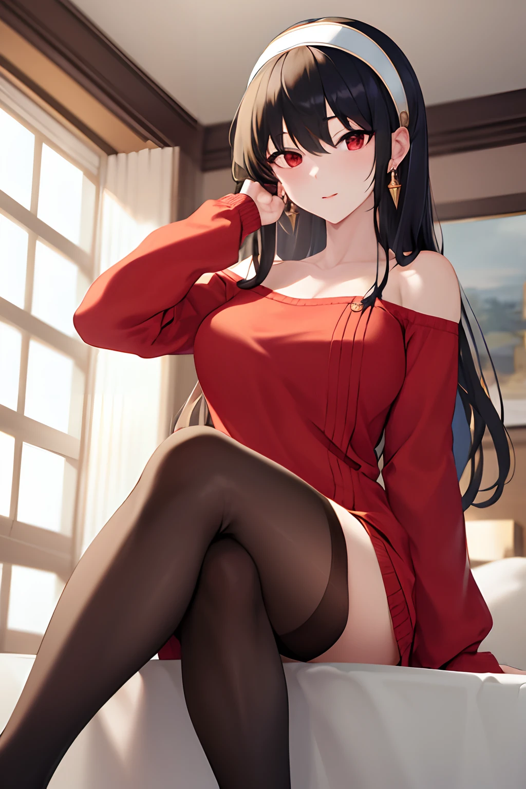 masterpiece, best quality, highres, bbyorf, long hair, white hairband, red eyes, gold earrings, large breasts, jewelry, off shoulder, red sweater, sweater dress, long sleeves, black pantyhose, from below, spread legs, sitting, panties