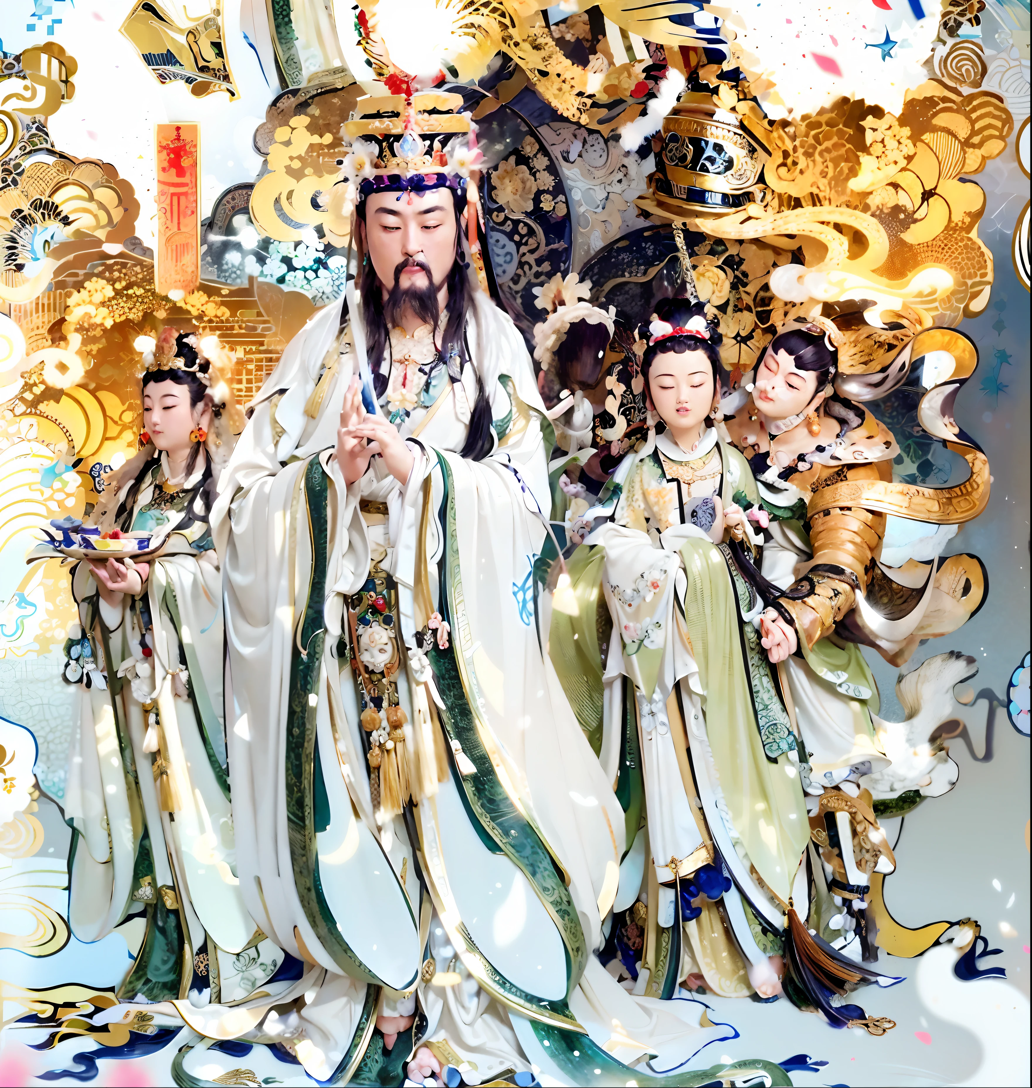 Jade emperor，the emperor， Homem de meia idade，Black beard，Long beard，tiara crown，Majesty，gorgeous colorful clothing，No bare skin，Crown on the head， Cloud in the foreground, Clear fingers,  Clear and vivid facial features,jewelry, dragon crown，Gorgeous dragon robes，Chinese palaces, paths, lotuses， Sharp focus, sun's rays, Sparkling ripples, Wind ripples, hyper-high detail, Realphotos, Intricate details, Perfectcomposition, big breasts beautiful ，the detail， 8 K photography, Photorealistic, Masterpiece, photo-realistic, Image Enhancement,Image post-processing,Image retouching，an ancient Chinese goddess, Princesa chinesa antiga, ancient china art style, Ancient Chinese beauty male Chinese emperor, Inspired by Dunhuang and Tang dynasty murals, Traditional Chinese art,  Wearing ancient Chinese clothes, Chinese mythology, Traditional Chinese clothing，