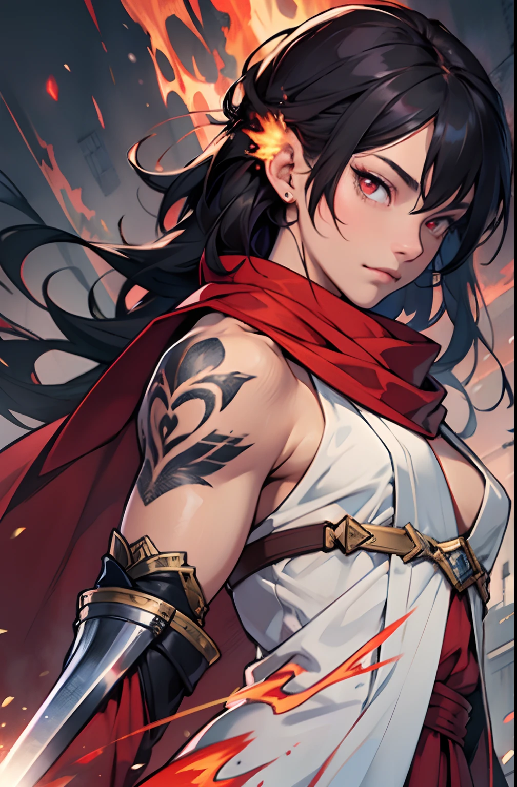 (absurderes,A high resolution,ultra - detailed), tmasterpiece, best qualtiy, 独奏, A girl with long black hair holding two swords, red white robe, Handsome, finely eyes, finely eyes, finely eyes, Bright red eyes, Delicate face, Black scarf,, carry two swords, dual swords, A sword surrounded by flames, Tattooed with, from below, looking down below, 废墟, background inside dark, swirles, spark of light