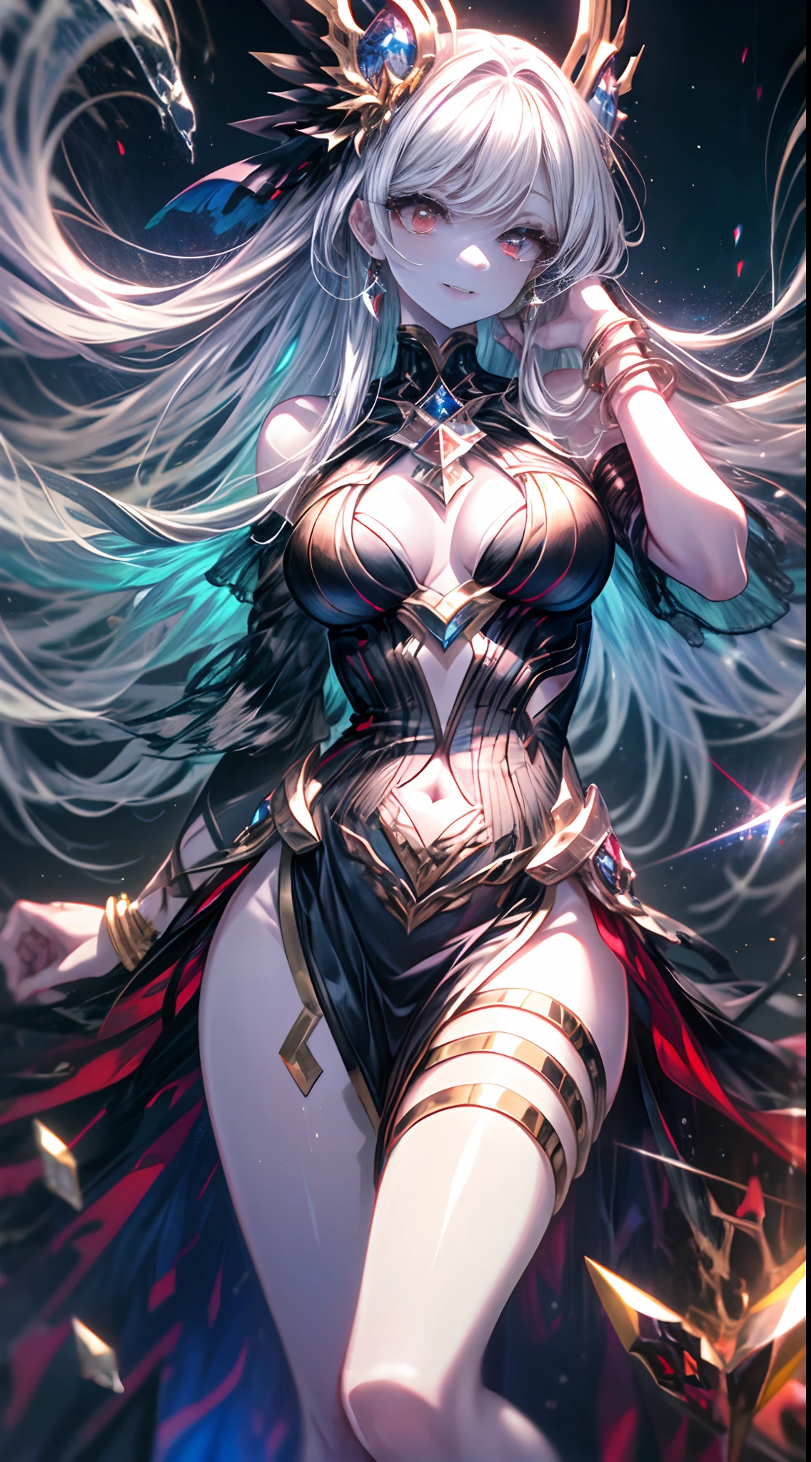 (simple hands:0.5)+(detailed hands:0.7), (masterwork), (best quality), white hair, red eyes,1girl, pale skin, white hair, red eyes, two tone hair, eyelashes, bracelet, jewelry, smile, gleaming skin, shiny hair, detailed and majestic stage, Fantasy, Long Hair, 1 girl, two-tone hair, night sky, Incredibly detailed CG illustration masterpiece, looking at you, anime, beautiful anime eyes, beautiful detailed eyes, eyes, glittering eyes, red eyes, galaxy, nebula, (full body), (curvy),