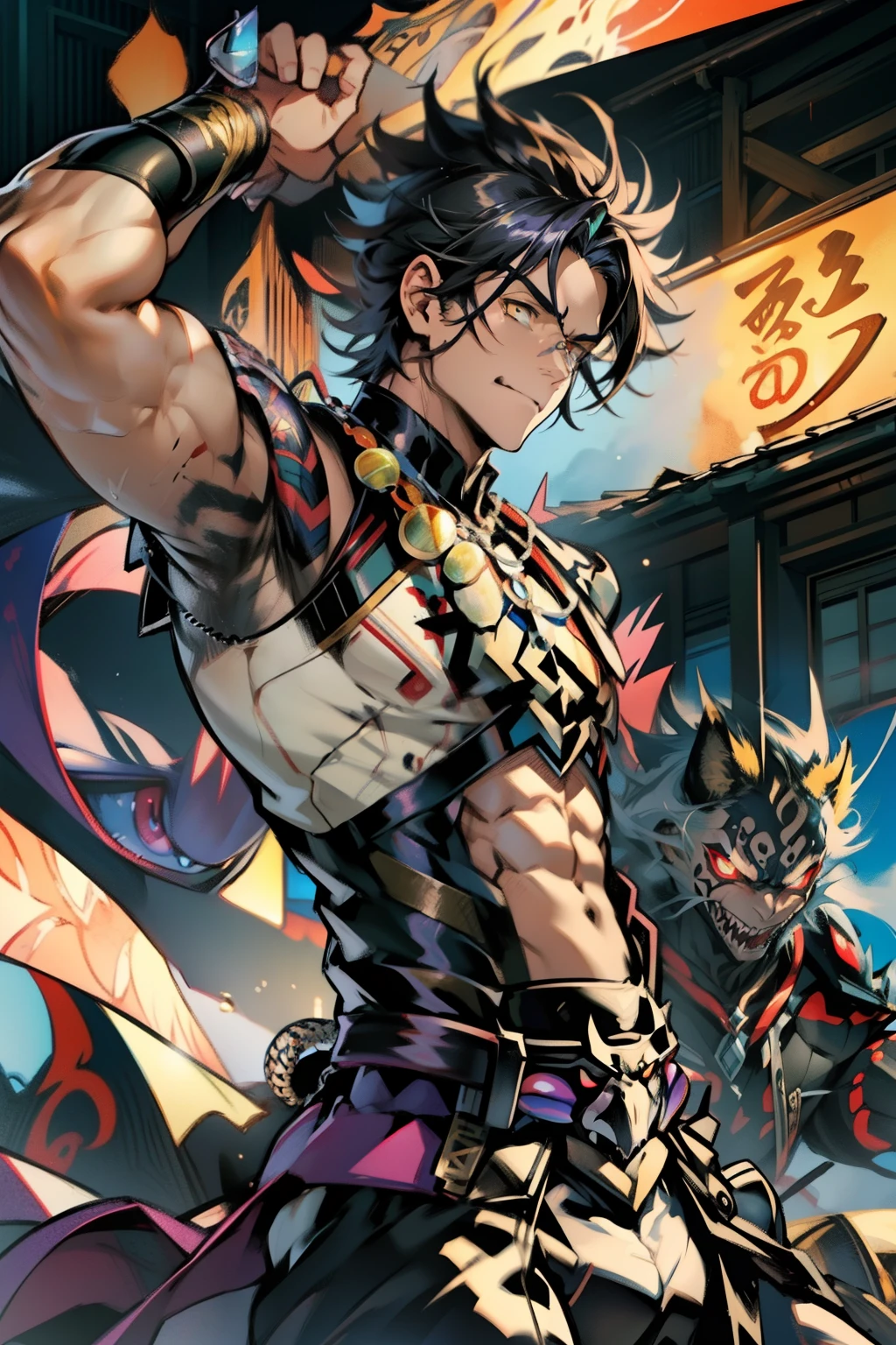 《the original god》Arataki Kazuto , male people，，((Masterpiece)), ((Best quality)), Ultra detailed,((illustration)), Dynamic Angle, Detailed light, (Delicate eyes), Floating, 1boy, Male focus, Head, Clothing, Yellow eyes, necklace, tattoo, (Forehead:0.8), (ahoge:0.8), jewelry, apathy，Ray， chest muscle， Sexy , Venom symbiote for your body, Black mucus of the body , （into venom）, Venom，frontage，style of anime4 K， 4K anime wallpaper， Badass anime 8 K， 4 k comic wallpaper， young anime man， Anime boys， Anime wallpapers 4 k， Anime wallpaper 4K， High quality anime art style， Anime moe art style， Anime art wallpaper 8 K， Anime art wallpaper 4 K， RGB lighting