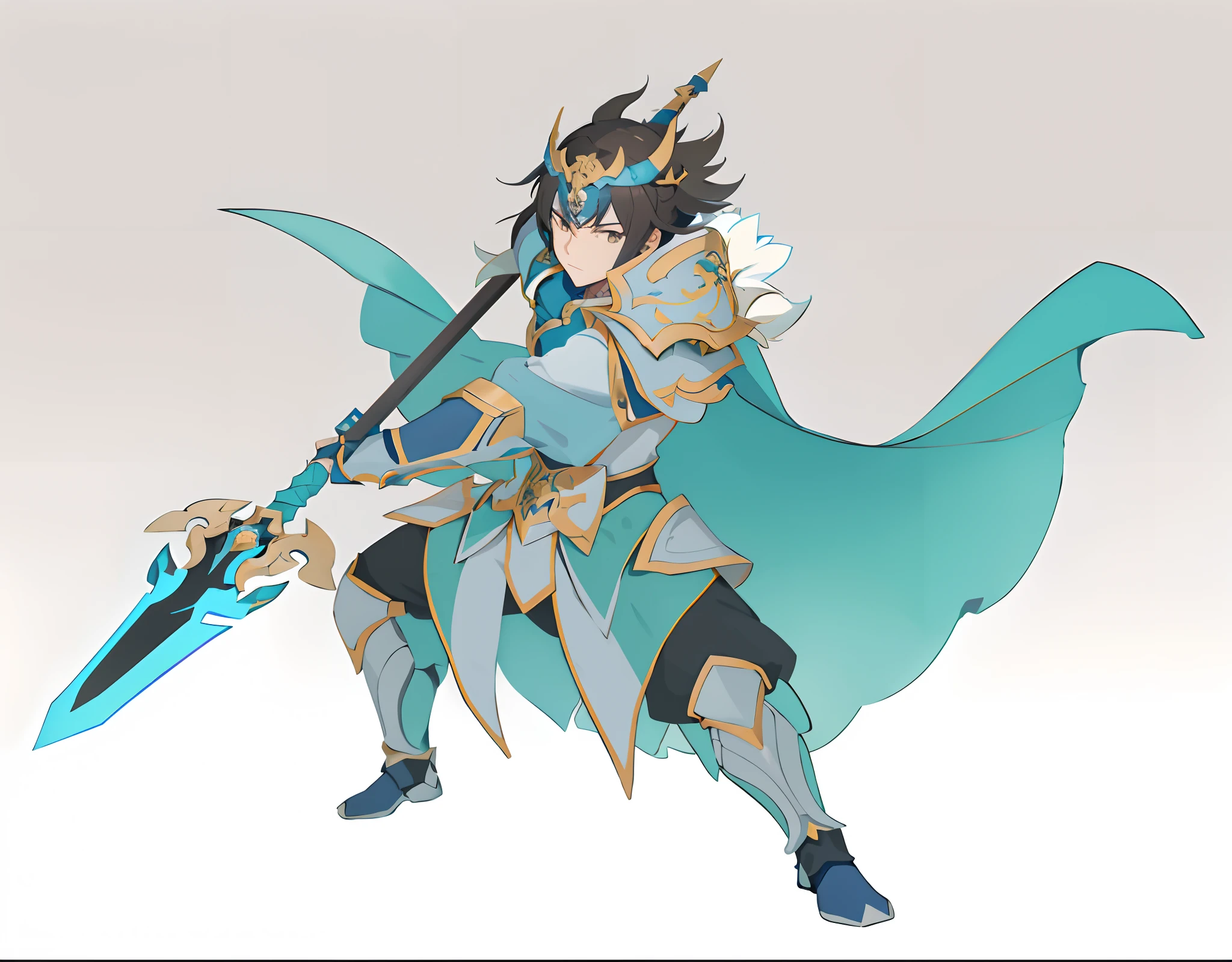 anime character with sword and armor in blue and gold outfit, keqing from genshin impact, a human male paladin, pale blue armor, hero 2 d fanart artsation, genshin impact character, male paladin, zhao yun, zhongli from genshin impact, genshin, hero character art, in opal armor, warrior character design