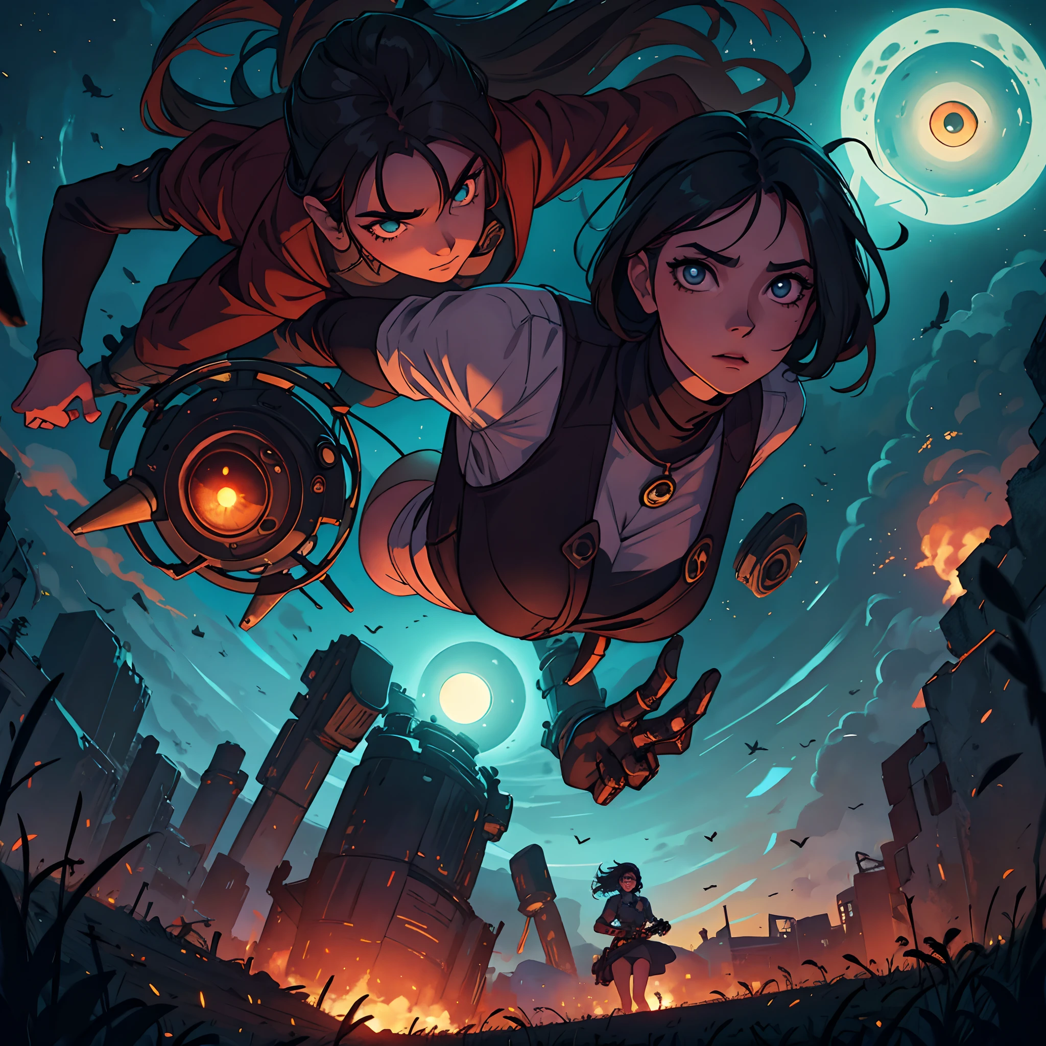 The young woman finds herself at night in the field surrounded by corpses while a giant eye watches her from the sky, she tries to flee in terror but wherever she runs, the giant eye does not stop looking at her