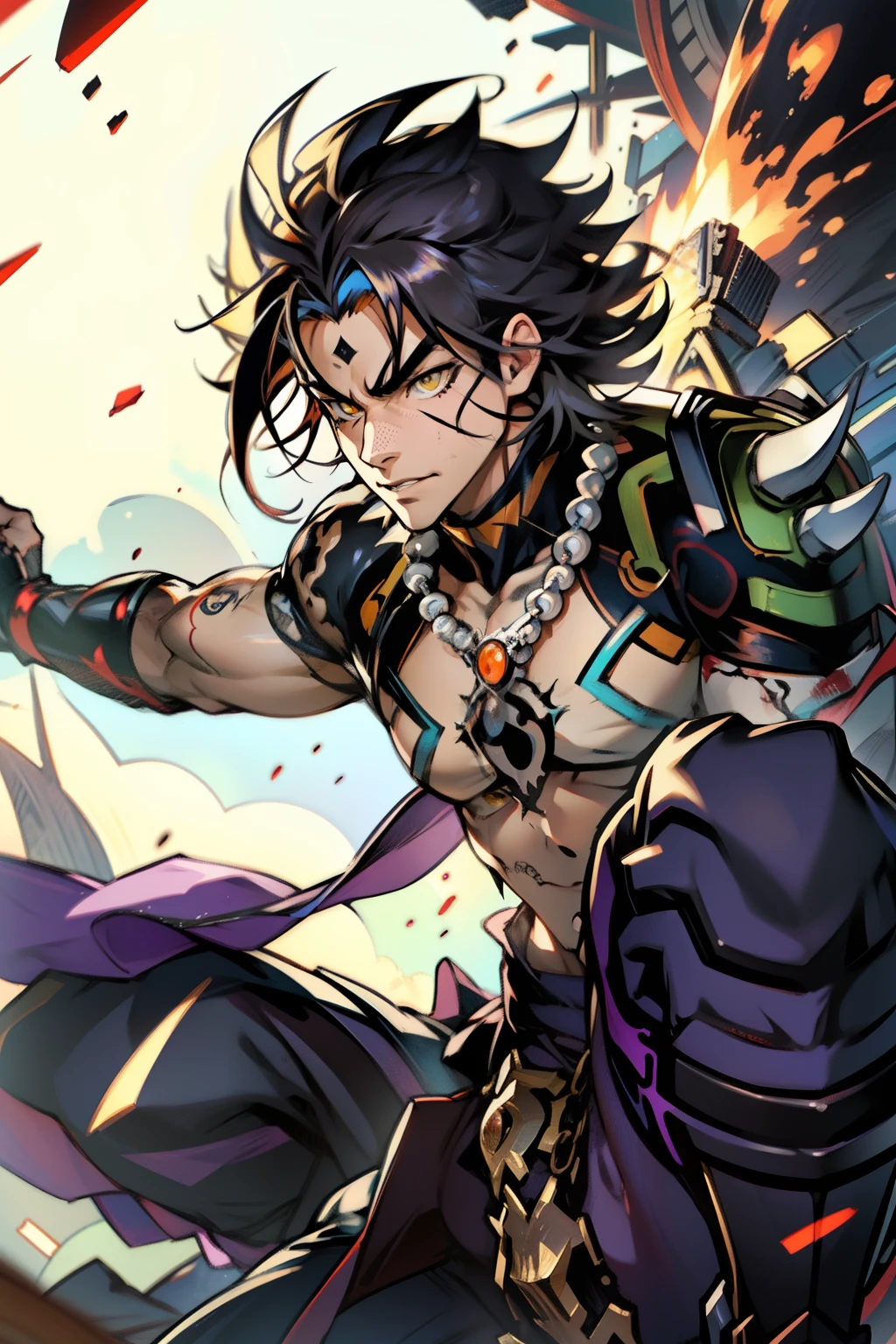《the original god》Arataki Kazuto , male people,,((Masterpiece)), ((Best quality)), Ultra detailed,((illustration)), Dynamic Angle, Detailed light, (Delicate eyes), Floating, 1boy, Male focus, Head, Clothing, Yellow eyes, necklace, tattoo, (Forehead:0.8), (ahoge:0.8), jewelry, apathy,Ray, chest muscle, Sexy , Venom symbiote for your body, Black mucus of the body , (into venom), Venom,frontage,style of anime4 K, 4K anime wallpaper, Badass anime 8 K, 4 k comic wallpaper, young anime man, Anime boys, Anime wallpapers 4 k, Anime wallpaper 4K, High quality anime art style, Anime moe art style, Anime art wallpaper 8 K, Anime art wallpaper 4 K, RGB lighting