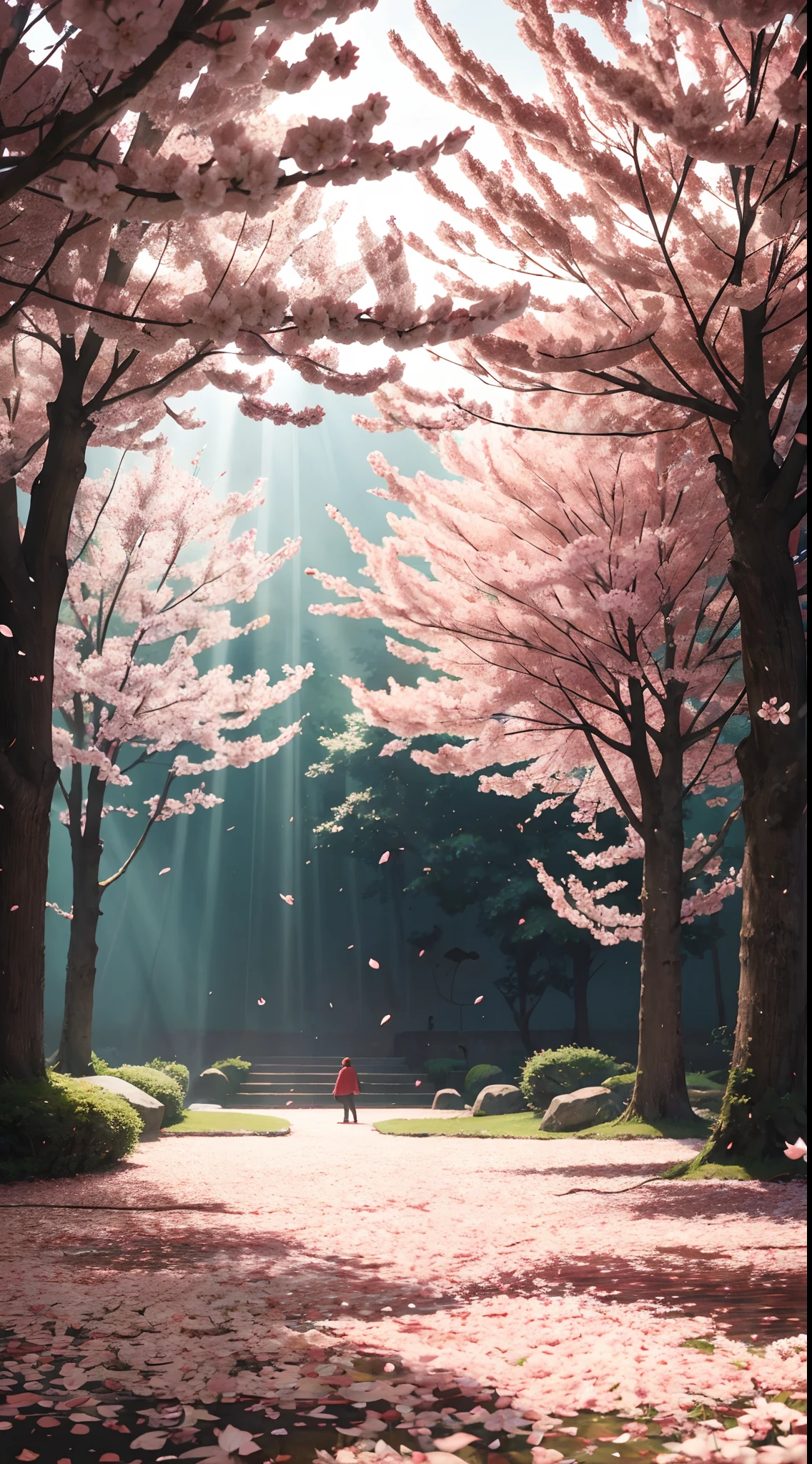 Red cherry Blossoms, Petals falling, Beautiful , Aesthetic composition, Center composition, Symmetric composition  , no humans, Nature, Red tones,  cinematic lighting, serene bliss, diffused light, god rays, chromatic aberration, caustics