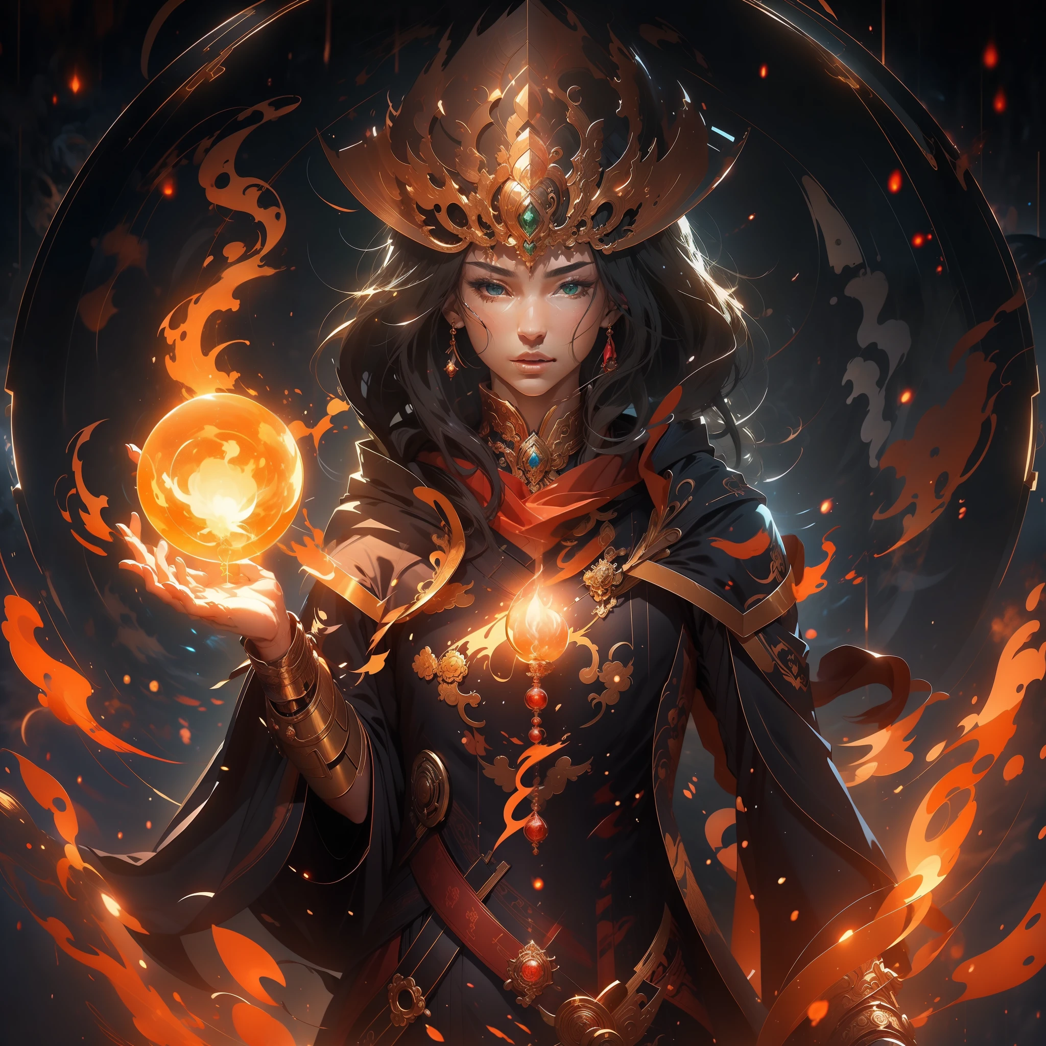 Create the image of a female mage master in a magical and futuristic environment。Magicians must wear gorgeous costumes that combine green and gold,Its technical details and elements make it a unique and advanced garment。Its appearance should be majestic and mysterious,Deliver strength and wisdom。
In the hands of a female mage,Place a strong and vivid red flame,It seems to burn with uncontrollable magic。The flame should stand out in a bright way, glowing details,Heat dissipation and energy。
The background can be a mysterious refuge,Enchanting forests or exotic planets,Its landscapes highlight the magic of the characters。Feel free to add magical details and futuristic elements to the environment,Make it visually mesmerizing。
The female mage must maintain a confident and imposing posture,Reveal his connection to mysterious energy by skillfully and dexterously controlling the red flame。
Let your imagination flow,Create stunning wizard images,Depict all his magic in a futuristic context。