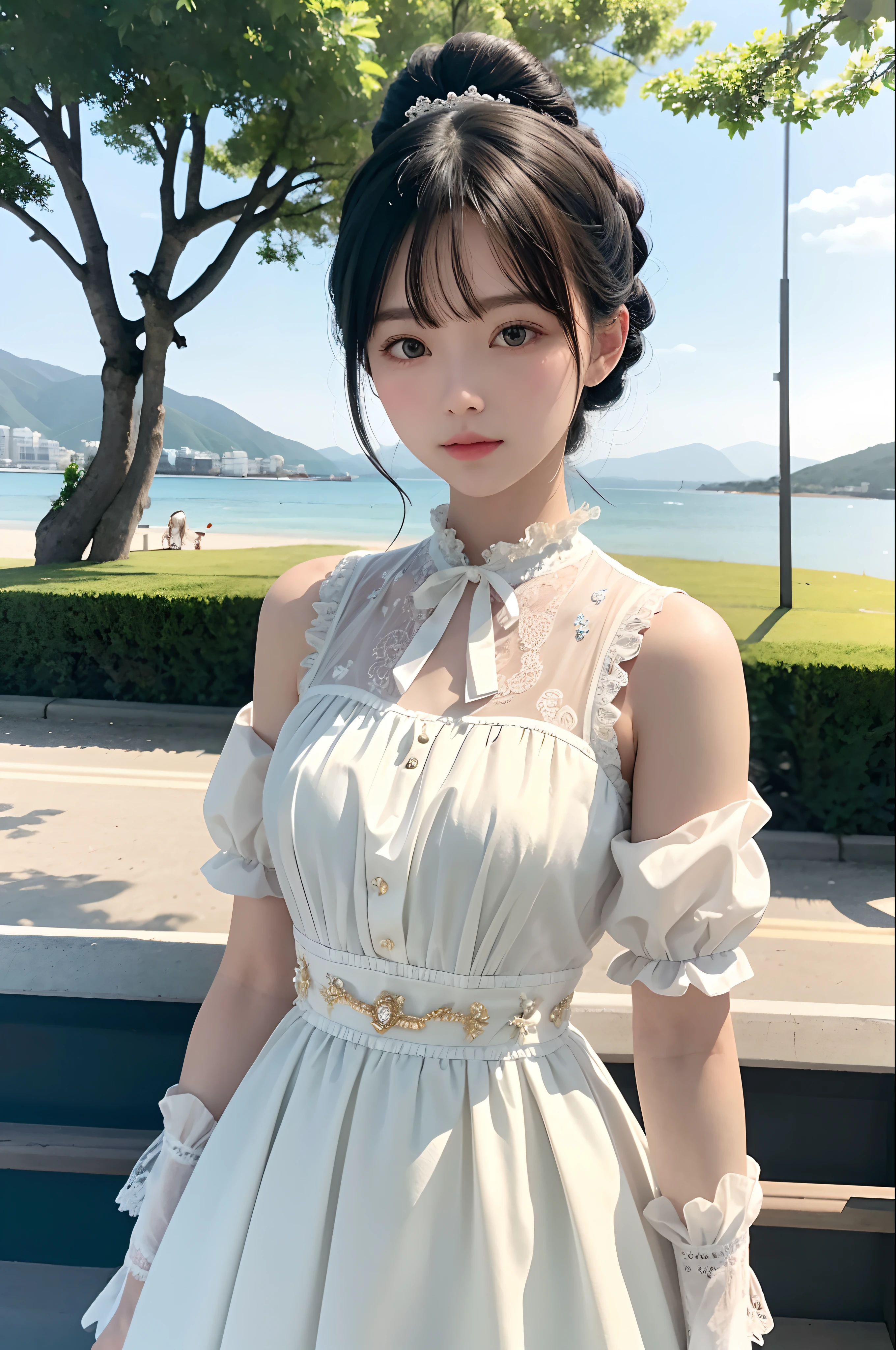 best qualtiy,Photo restoration,A photo of a cute and well-behaved girl,（with short black hair:1.5）,dignified,ellegance,delicated face,hair pin,Detailed porcelain doll,Delicate clothes with lots of frills and ribbons,Perfect body proportion,beachside,Close-up of face,looking at viewert,Shimmering,first person perspective,wide angles。