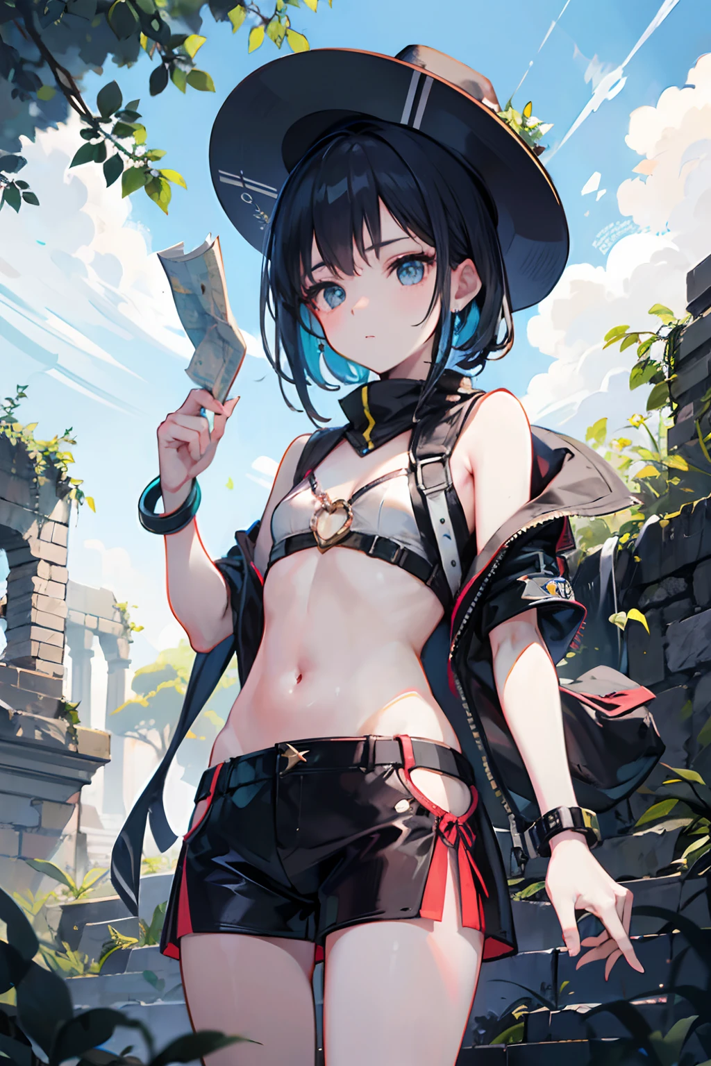 A determined 21-year-old anime girl with a unique charm, her small build and flat chest enhancing her distinctive appearance, dressed in rugged explorer attire, a wide-brimmed hat shading her determined eyes, a map clutched in her hand as she steps into a mysterious and uncharted wilderness, where lush foliage and ancient ruins intertwine, evoking an aura of adventure and resilience, Illustration, detailed linework and vibrant colors