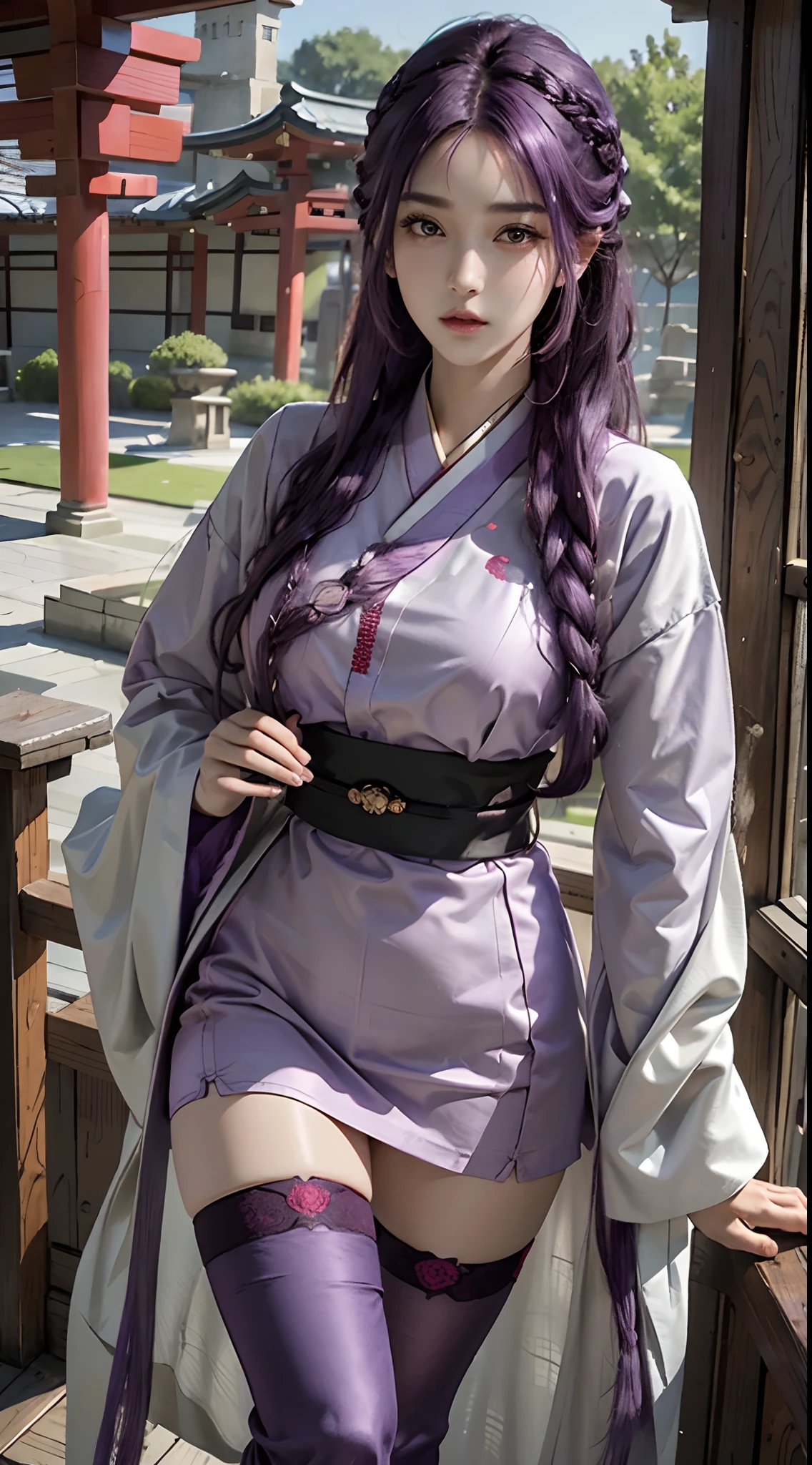 photorealistic, high resolution, 1women, solo, hips up, look at viewer, (detailed face), (blunt bangs, braid, wide sleeves, hair ornament, japanese clothes, red obi, (purple hair:1.2), very long hair, straight hair,black thighhighs, smooth