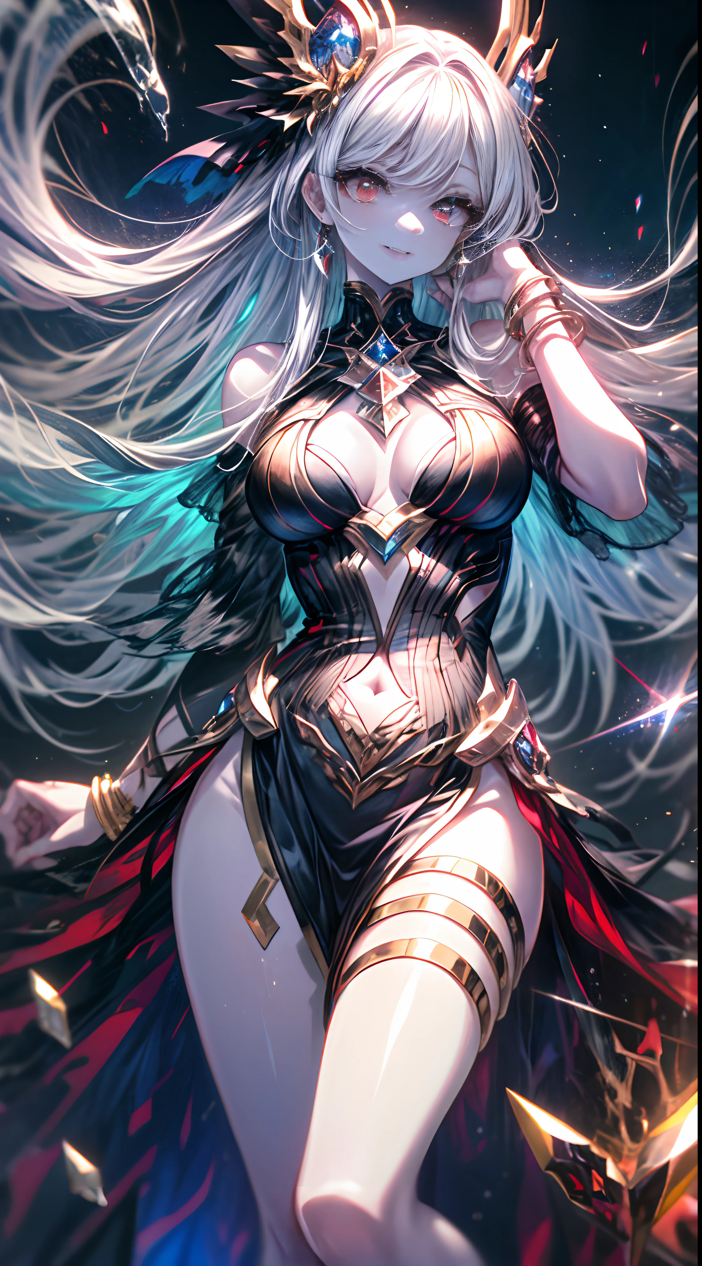 (simple hands:0.5)+(detailed hands:0.7), (masterwork), (best quality), white hair, red eyes,1girl, pale skin, white hair, red eyes, two tone hair, eyelashes, bracelet, jewelry, smile, gleaming skin, shiny hair, detailed and majestic stage, Fantasy, Long Hair, 1 girl, two-tone hair, night sky, Incredibly detailed CG illustration masterpiece, looking at you, anime, beautiful anime eyes, beautiful detailed eyes, eyes, glittering eyes, red eyes, galaxy, nebula, (full body), (curvy),
